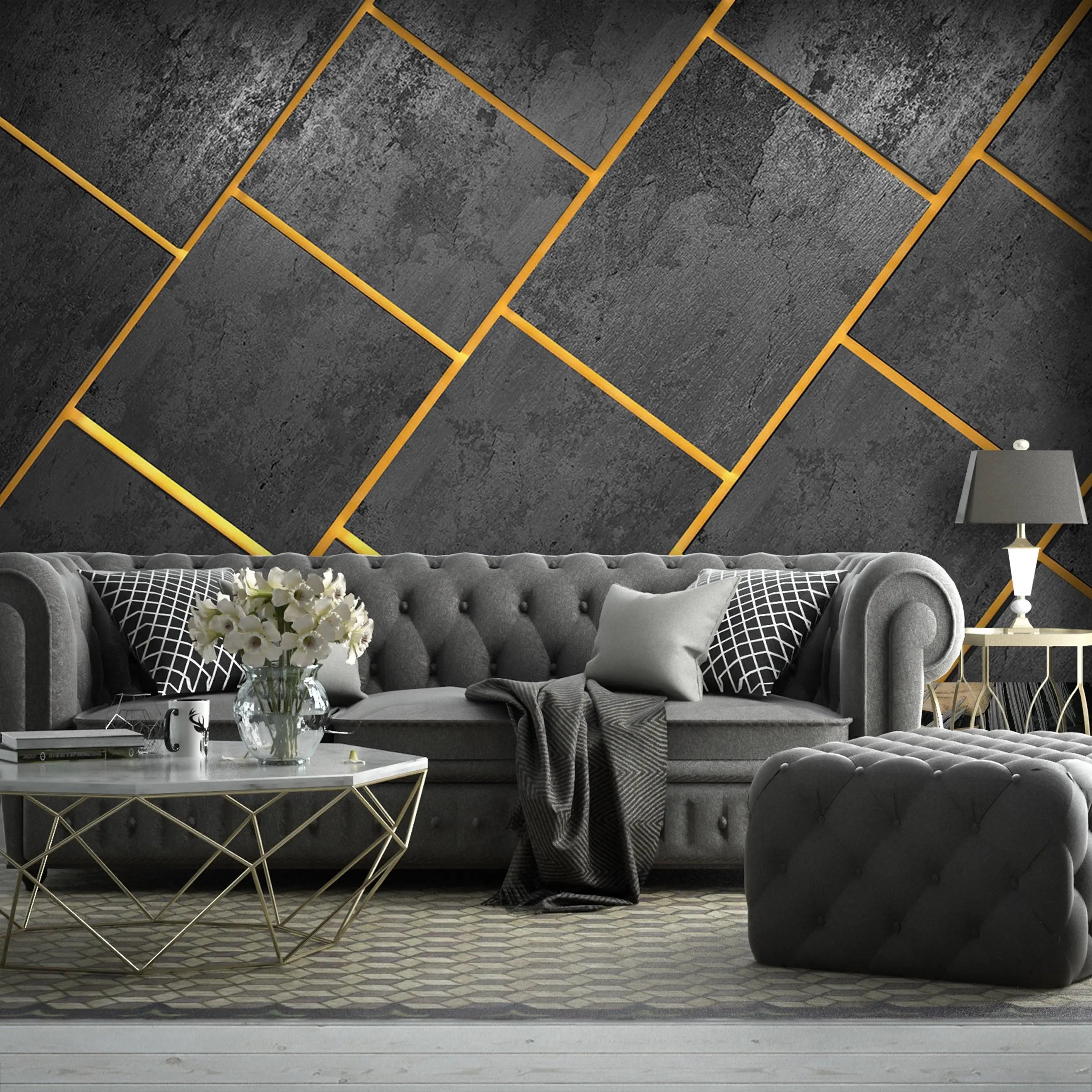 Billede 6 af Fototapet - Mørkegrå fliser med gyldne fuger