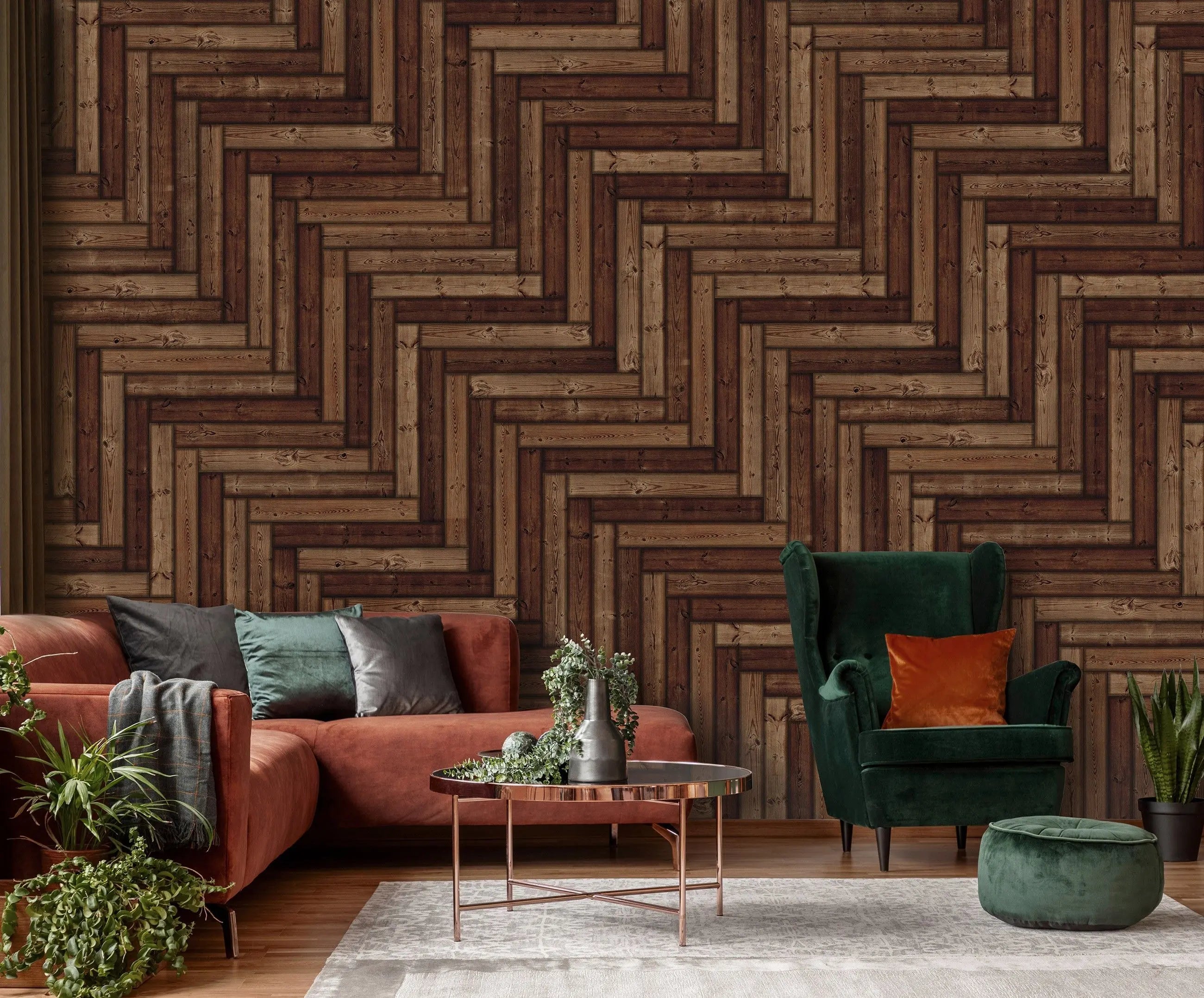 Billede 4 af Fototapet - Mørkt træmønster i sildebensform