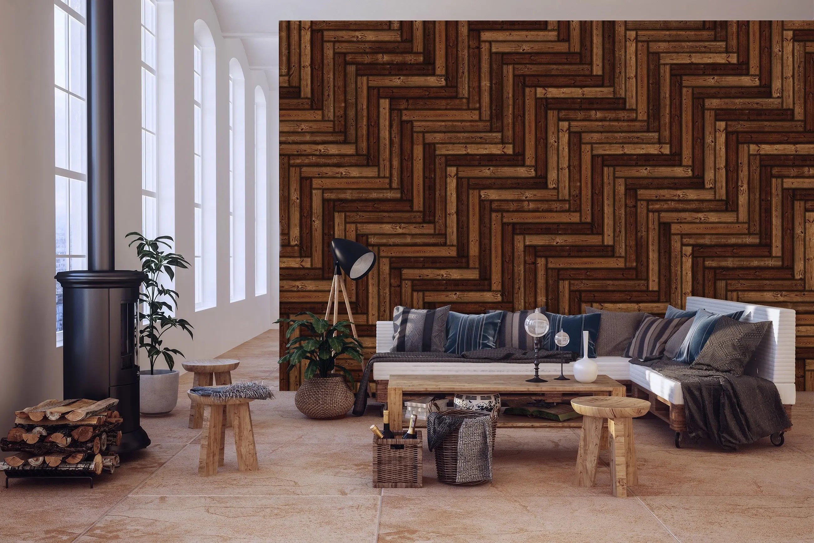 Billede 5 af Fototapet - Mørkt træmønster i sildebensform