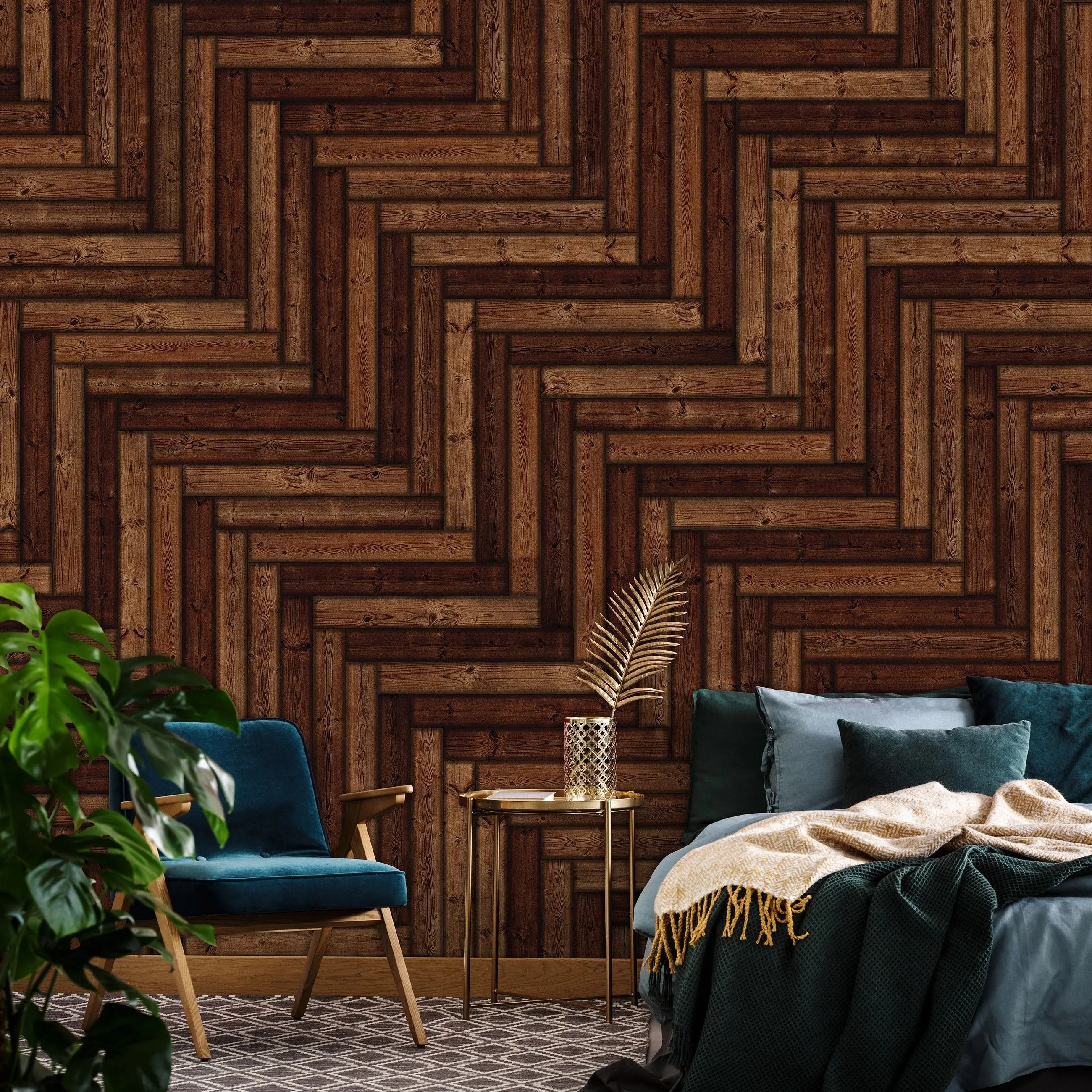 Billede 7 af Fototapet - Mørkt træmønster i sildebensform