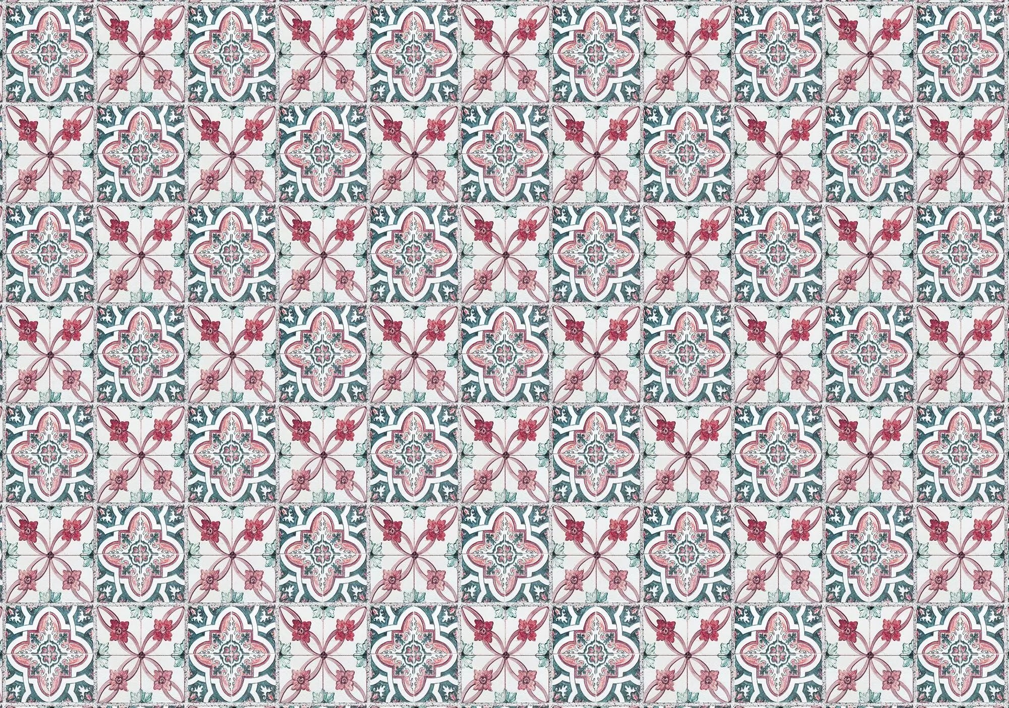 Billede 1 af Fototapet - Mosaikfliser med røde blomster og geometriske mønstre