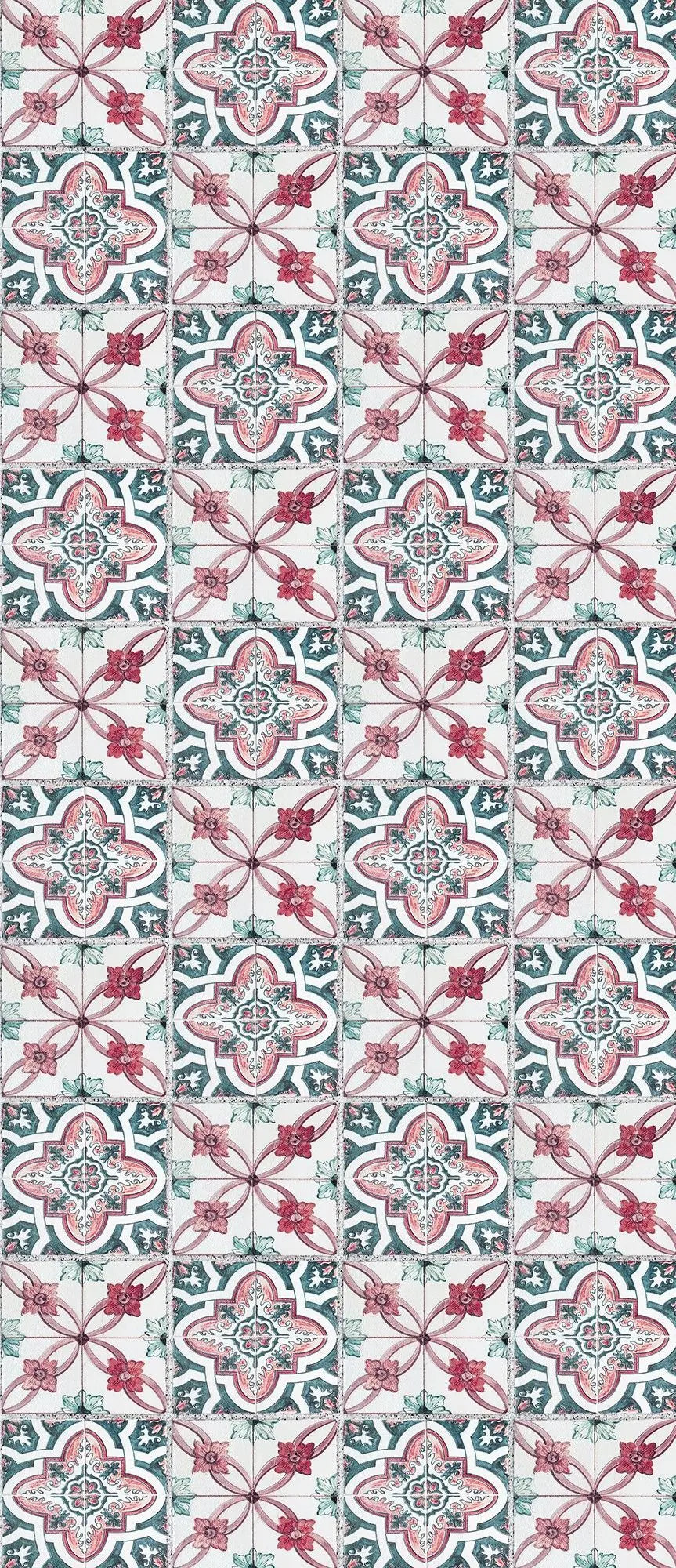 Billede 20 af Fototapet - Mosaikfliser med røde blomster og geometriske mønstre