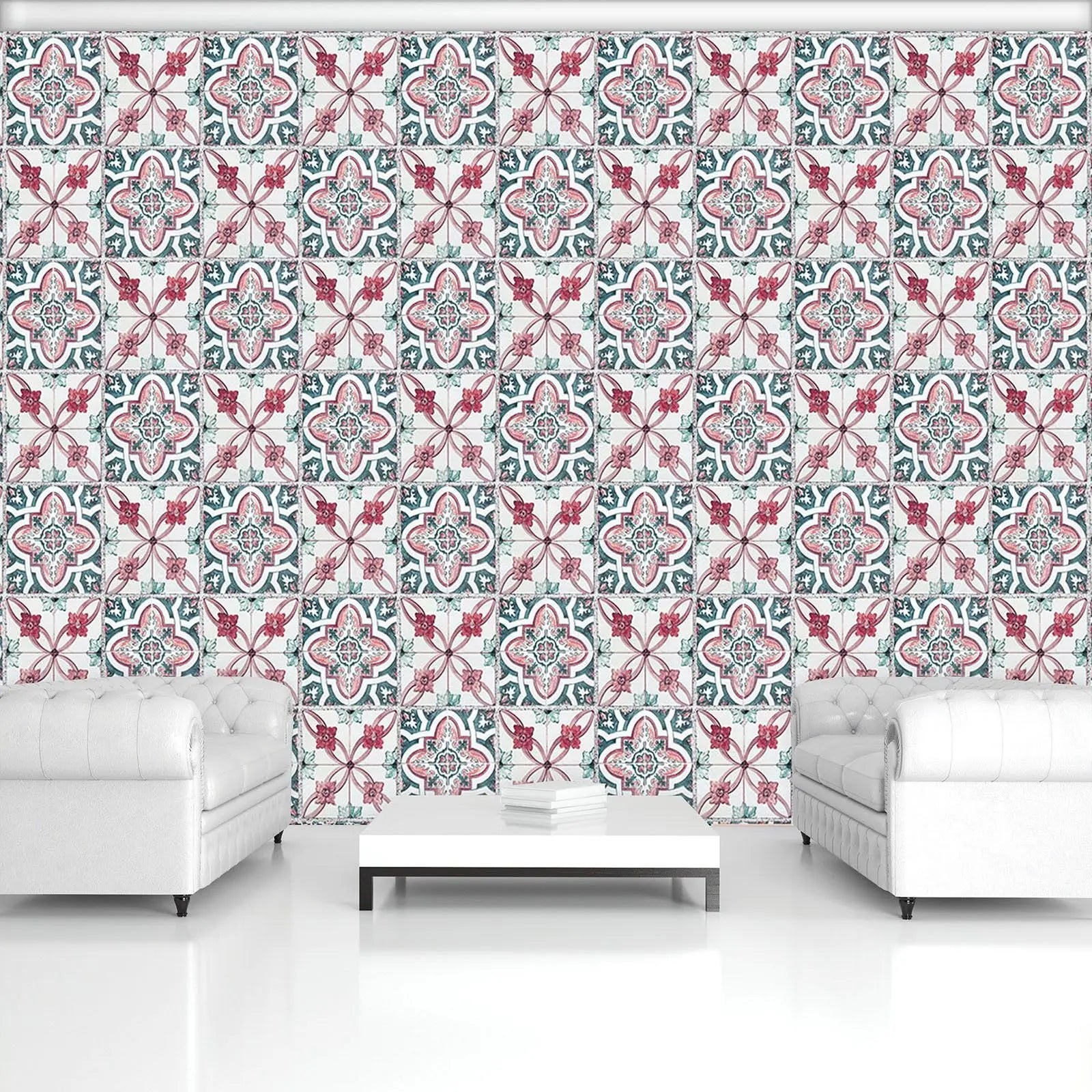 Billede 5 af Fototapet - Mosaikfliser med røde blomster og geometriske mønstre