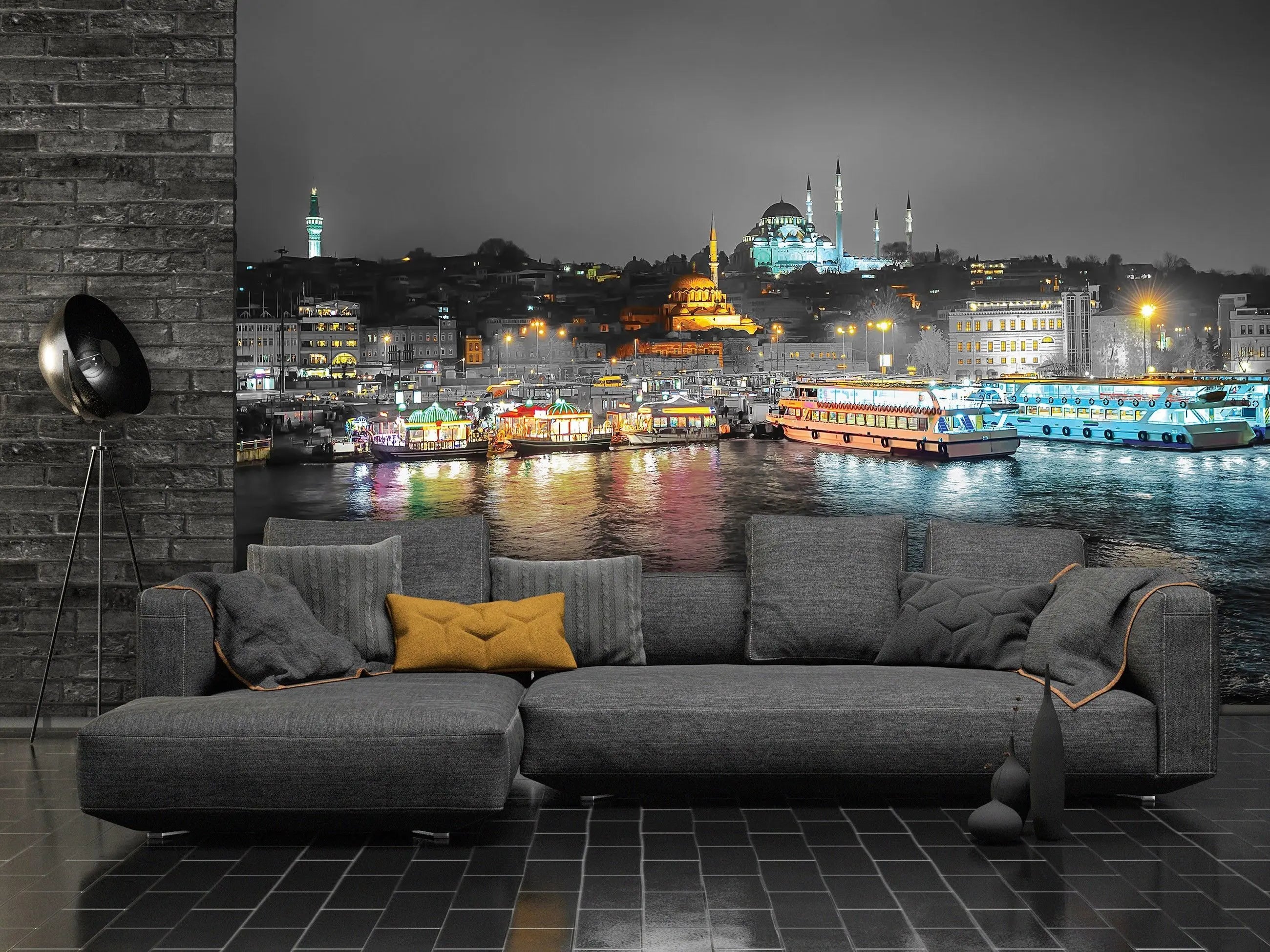 Billede 12 af Fototapet - Nat med oplyst moské og farverige både ved havn i Istanbul