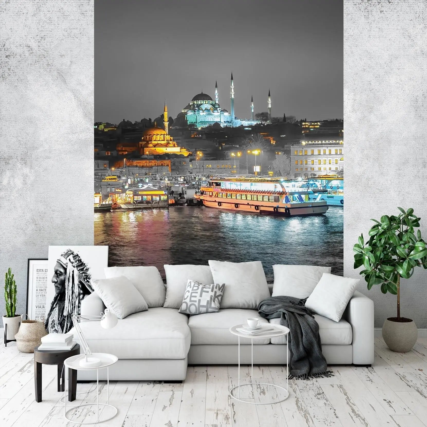 Billede 17 af Fototapet - Nat med oplyst moské og farverige både ved havn i Istanbul