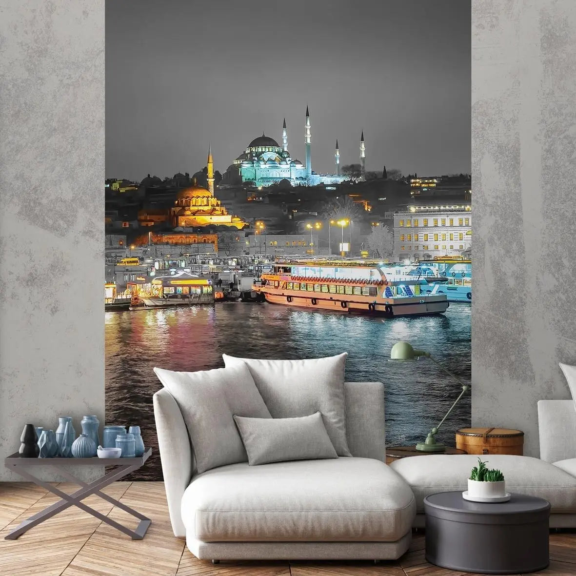 Billede 18 af Fototapet - Nat med oplyst moské og farverige både ved havn i Istanbul