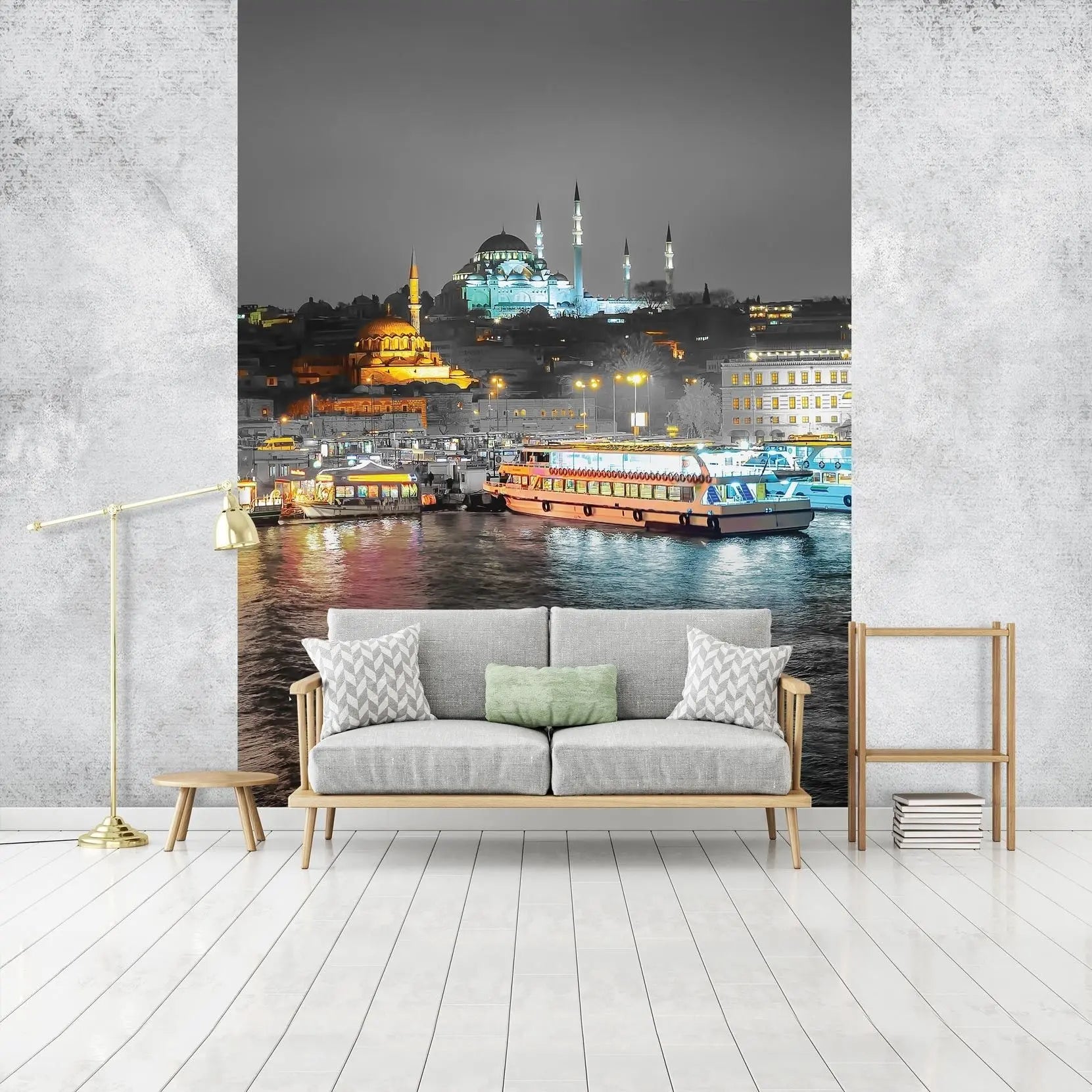 Billede 19 af Fototapet - Nat med oplyst moské og farverige både ved havn i Istanbul