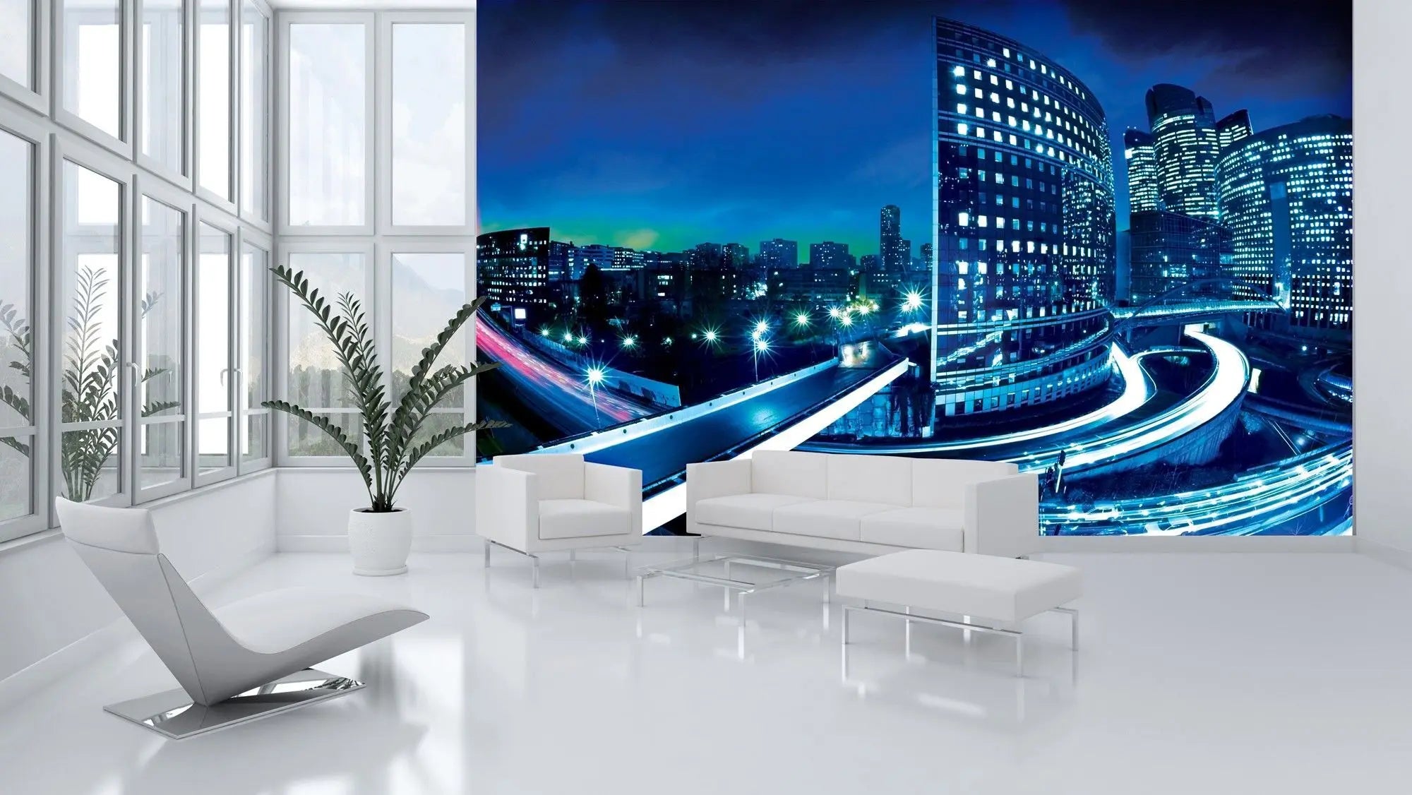 Billede 2 af Fototapet - Natbillede af moderne by med skyskrabere og oplyste motorveje