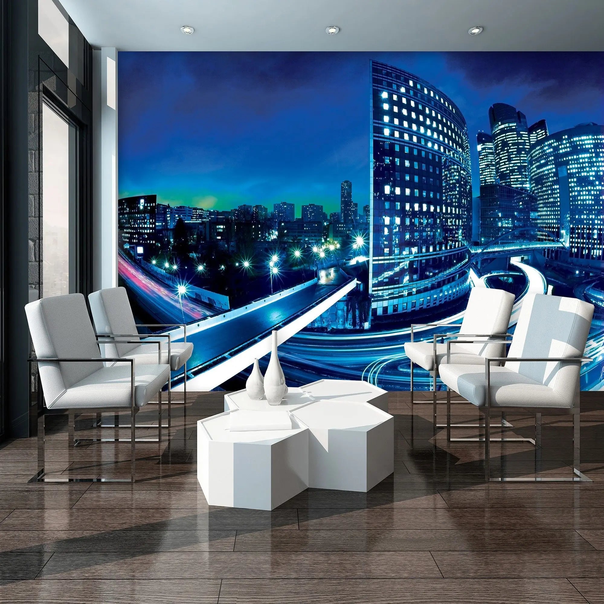 Billede 4 af Fototapet - Natbillede af moderne by med skyskrabere og oplyste motorveje