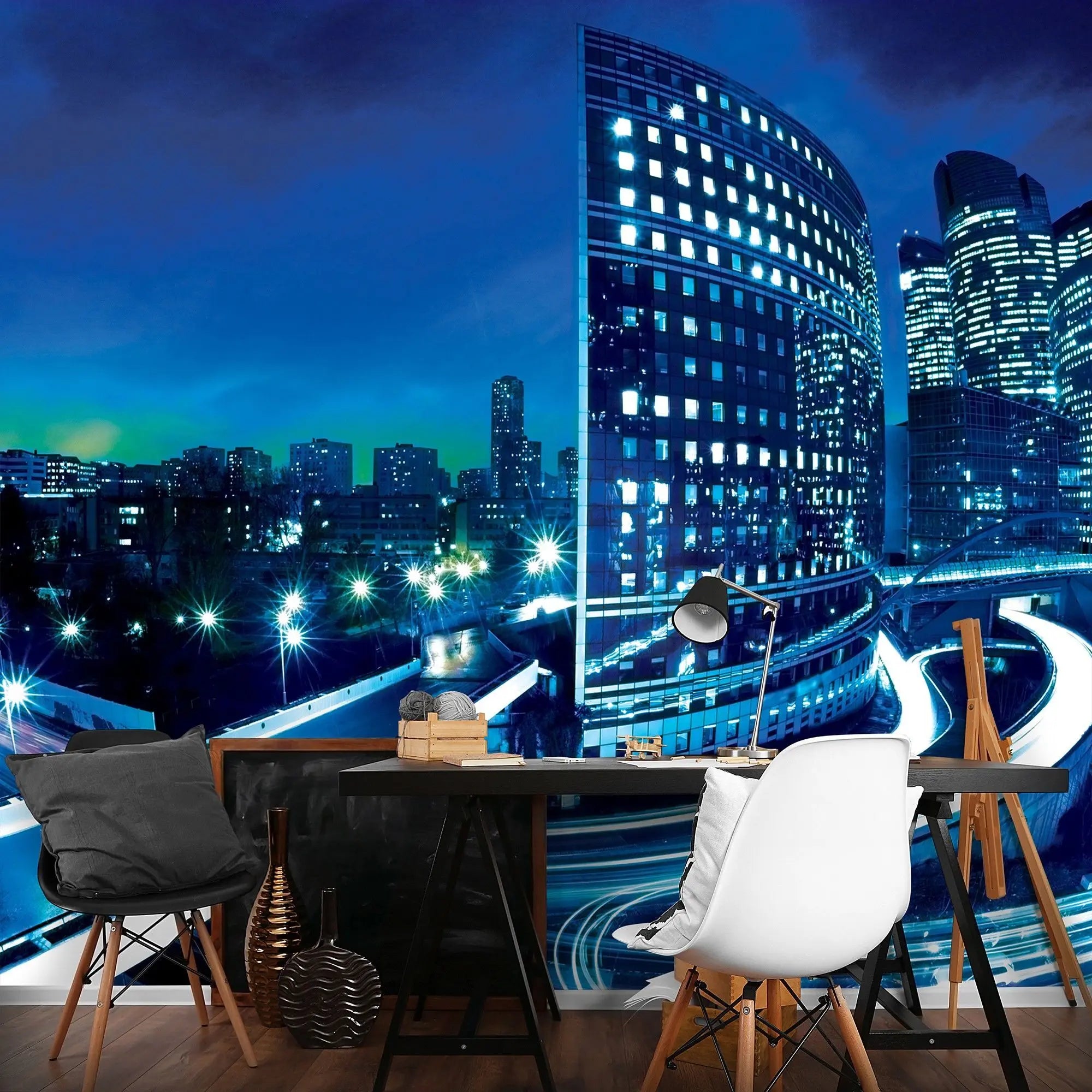 Billede 5 af Fototapet - Natbillede af moderne by med skyskrabere og oplyste motorveje