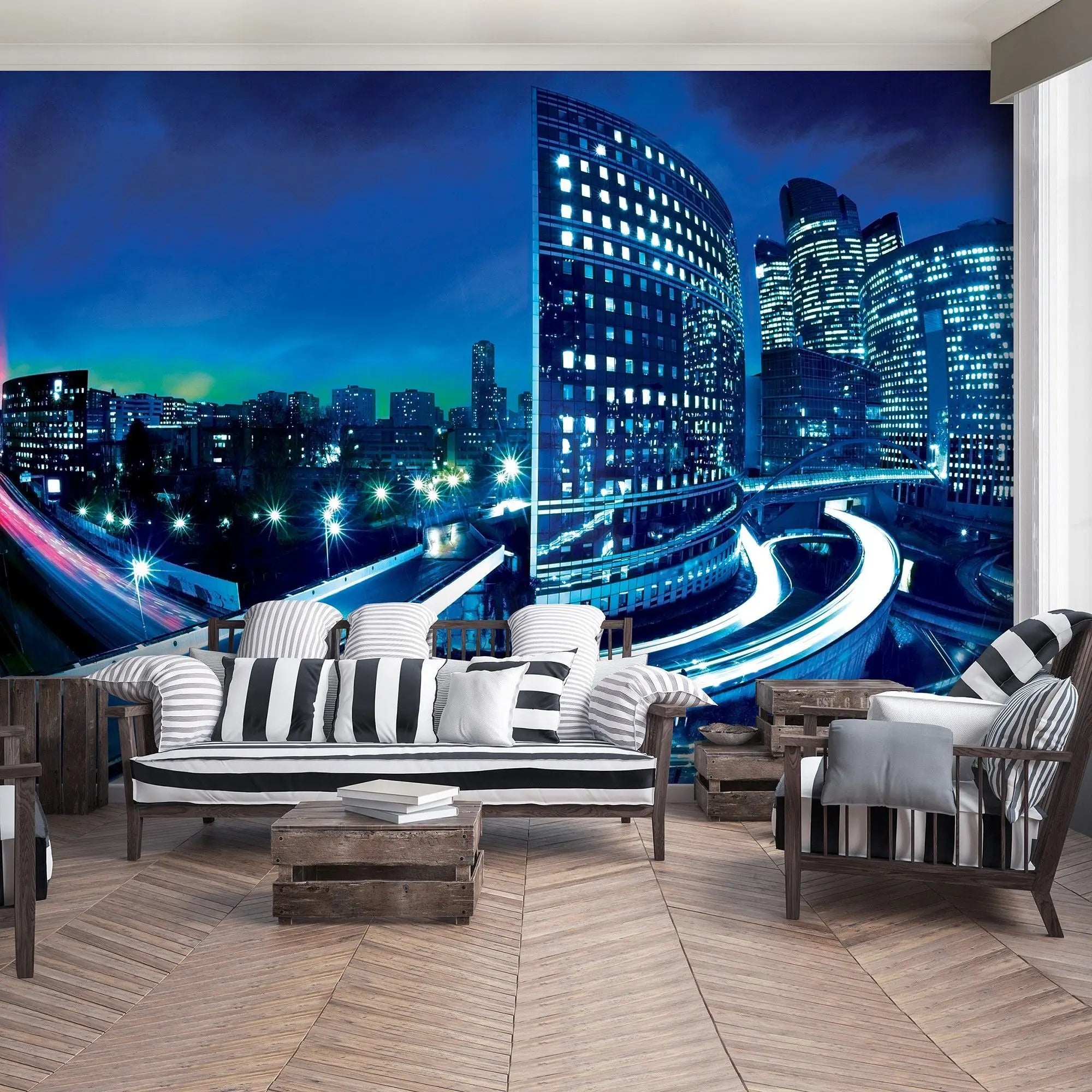 Billede 9 af Fototapet - Natbillede af moderne by med skyskrabere og oplyste motorveje