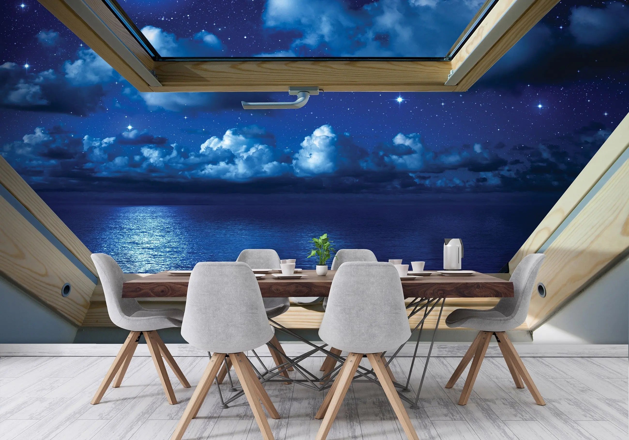 Billede 2 af Fototapet - Nattehimmel med stjerner og havudsigt gennem VELUX-vindue