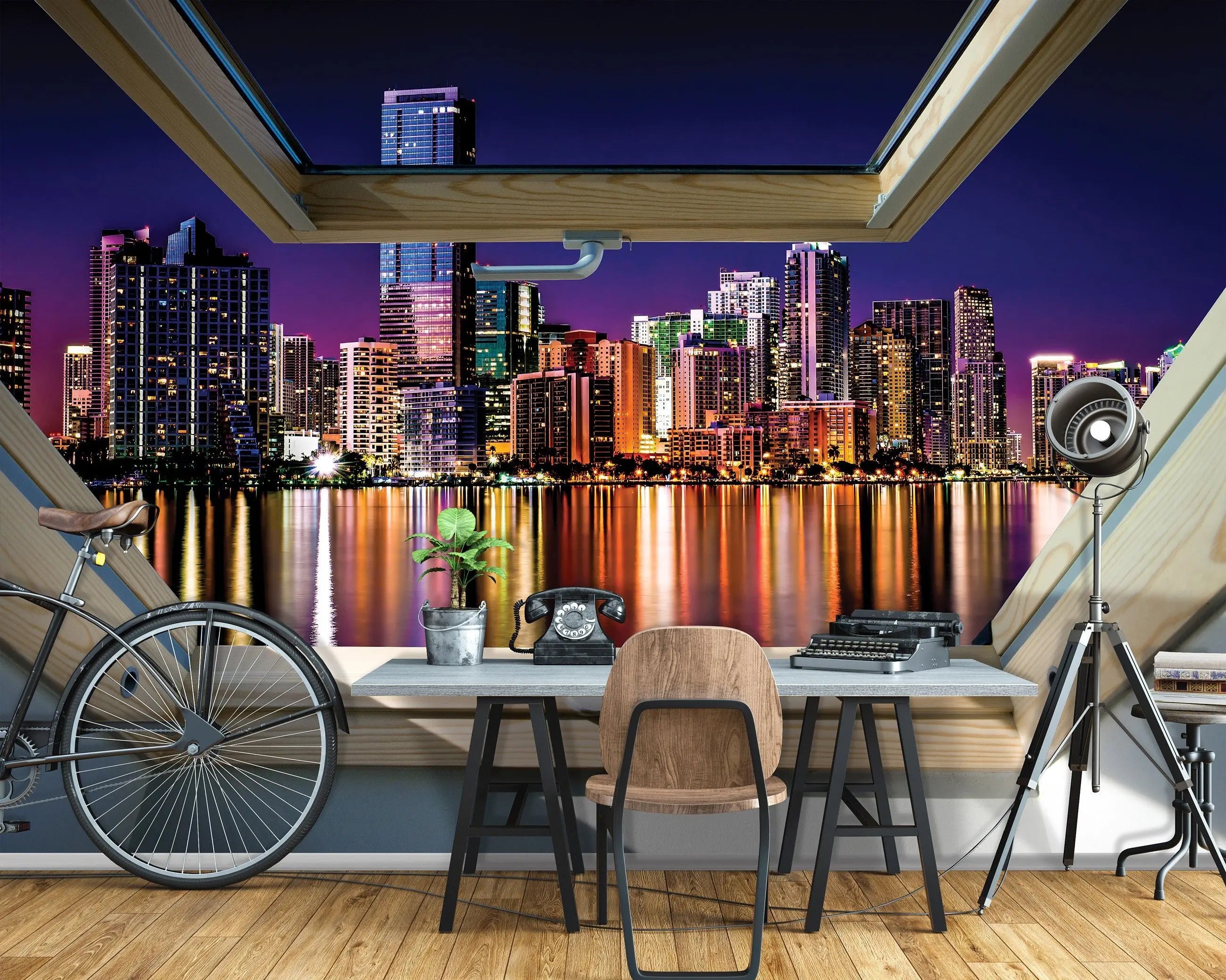 Billede 3 af Fototapet - Natteudsigt over Miami Skyline Set Gennem Ovenlys