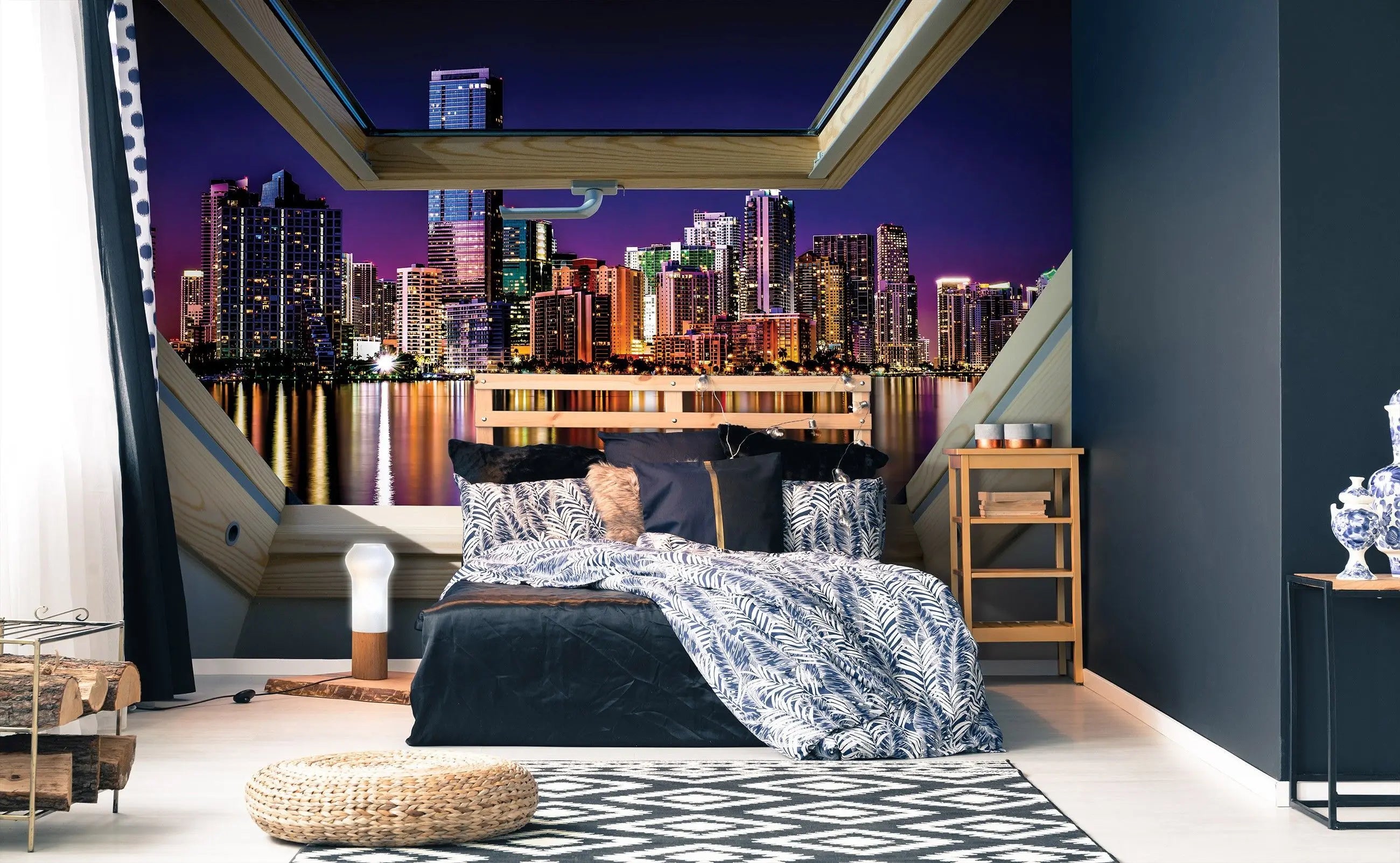 Billede 5 af Fototapet - Natteudsigt over Miami Skyline Set Gennem Ovenlys