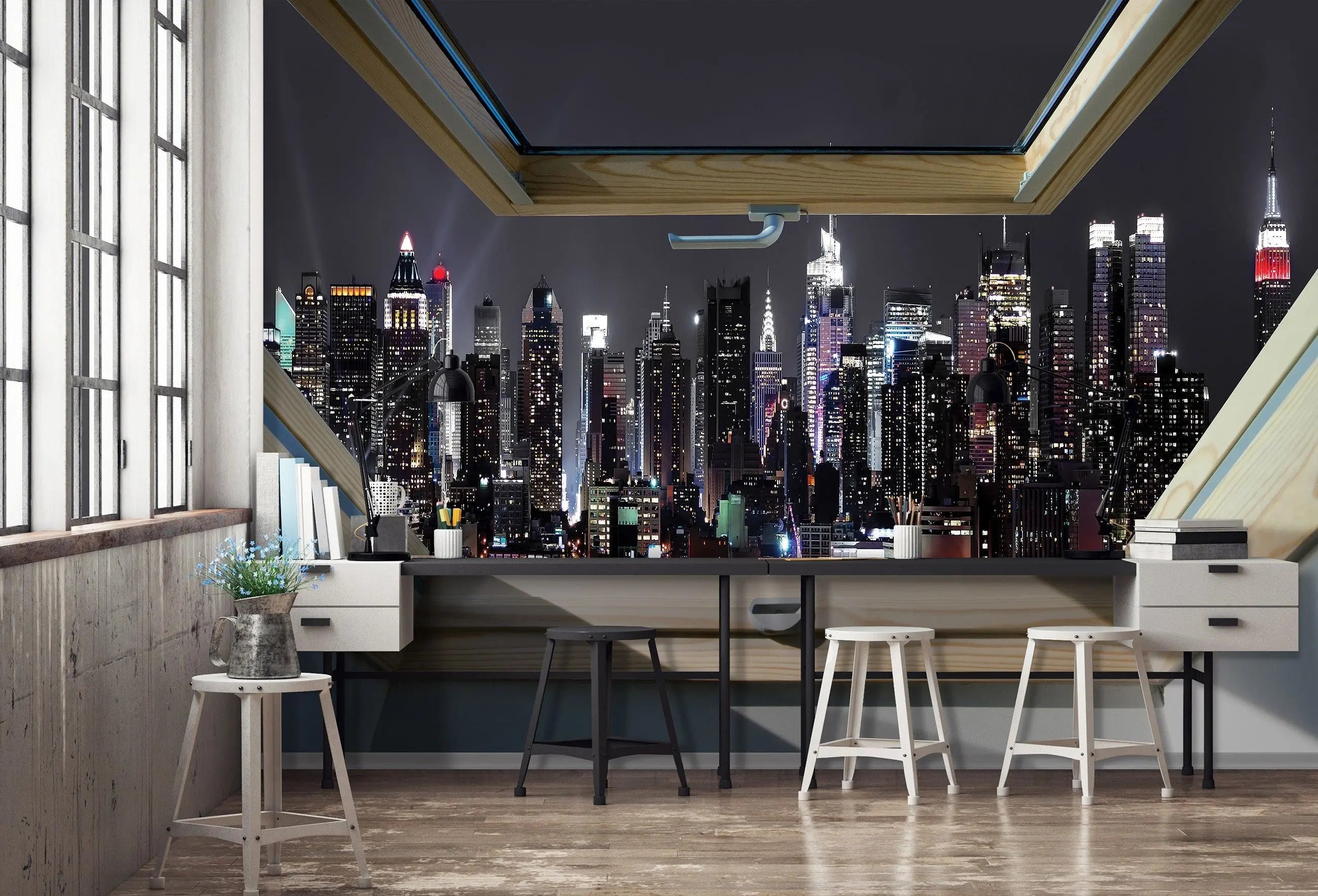 Billede 4 af Fototapet - Natteudsigt over New Yorks skylines fra tagvindue