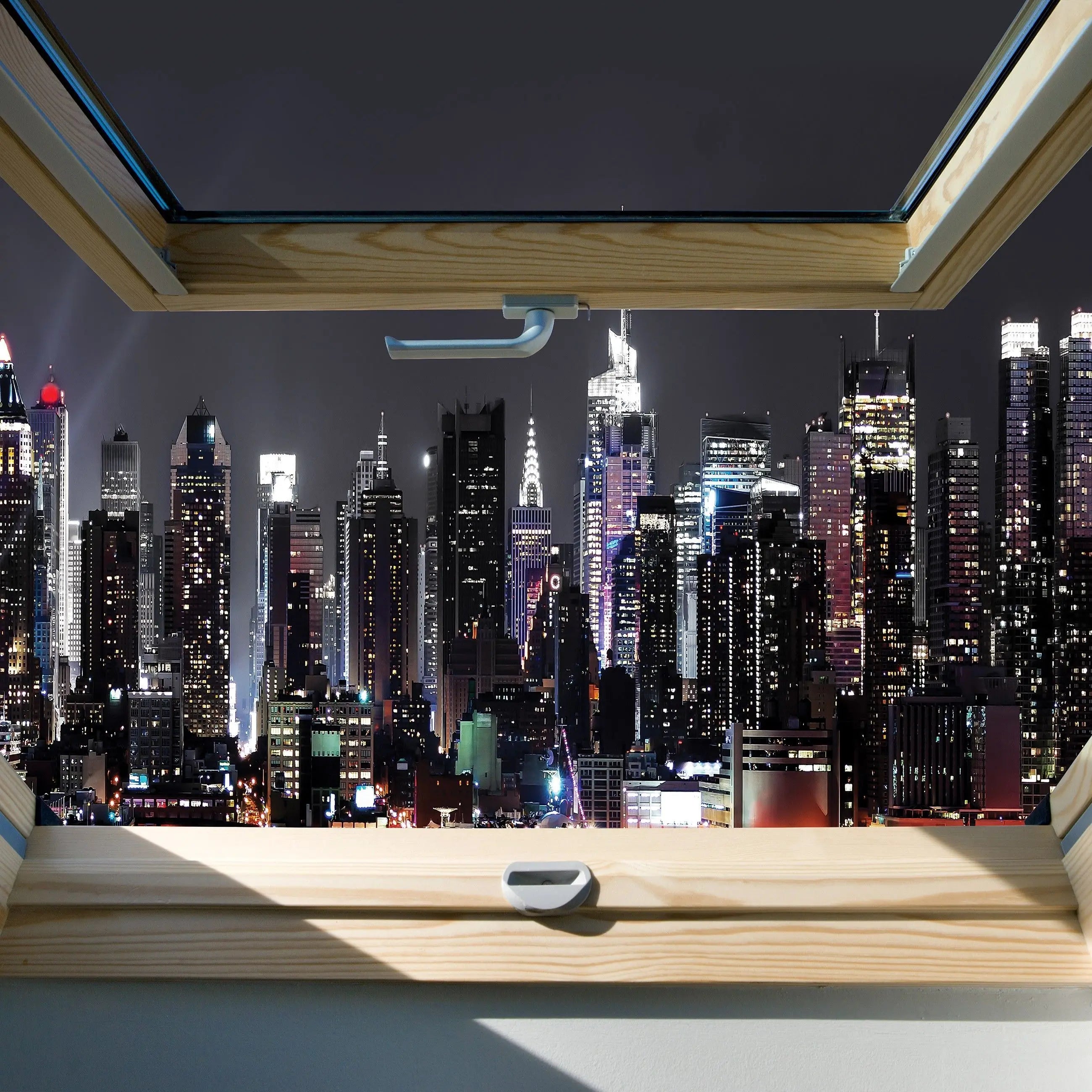 Billede 6 af Fototapet - Natteudsigt over New Yorks skylines fra tagvindue