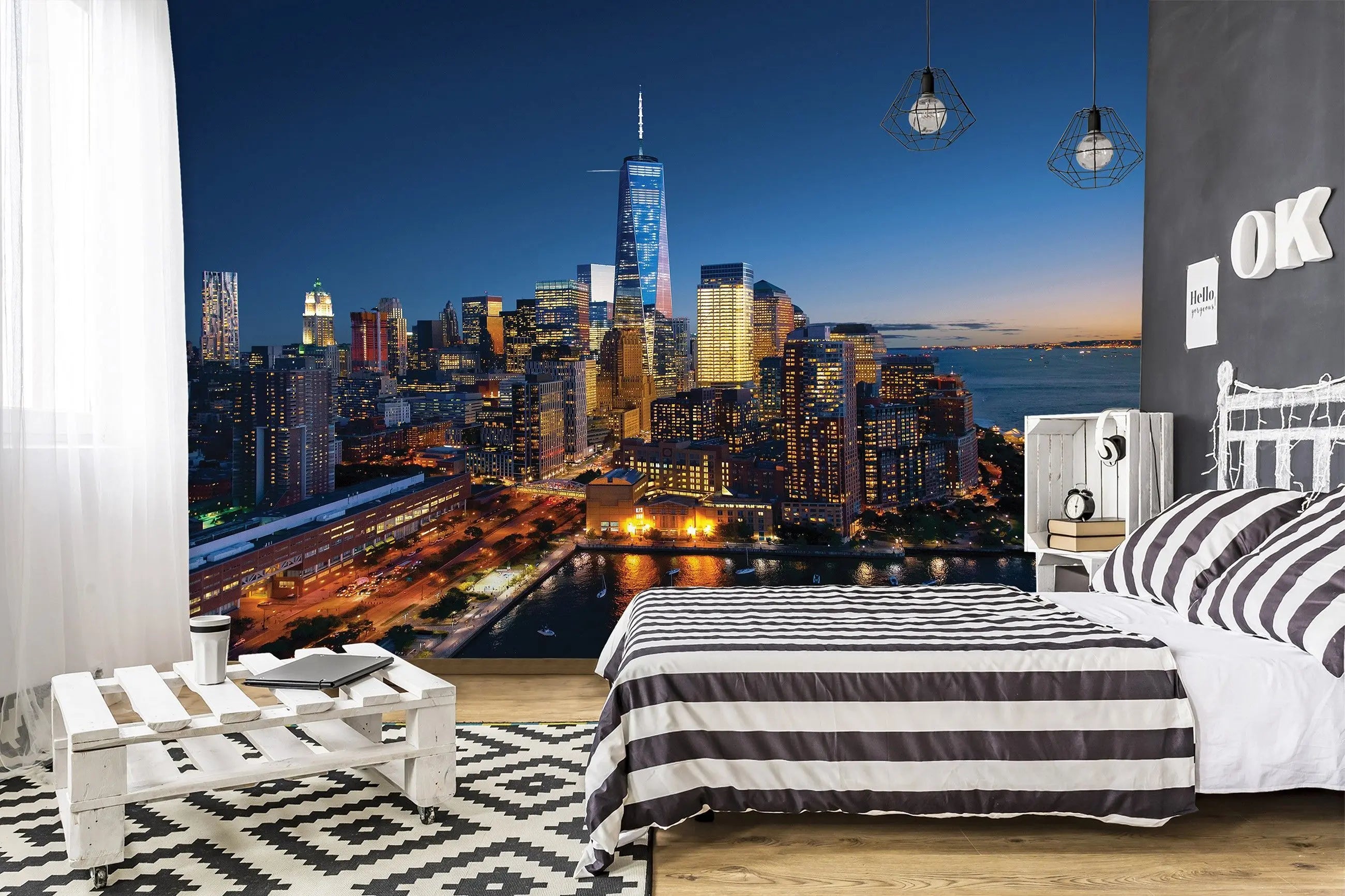 Billede 6 af Fototapet - New York City skyline ved nat med lys fra skyskrabere