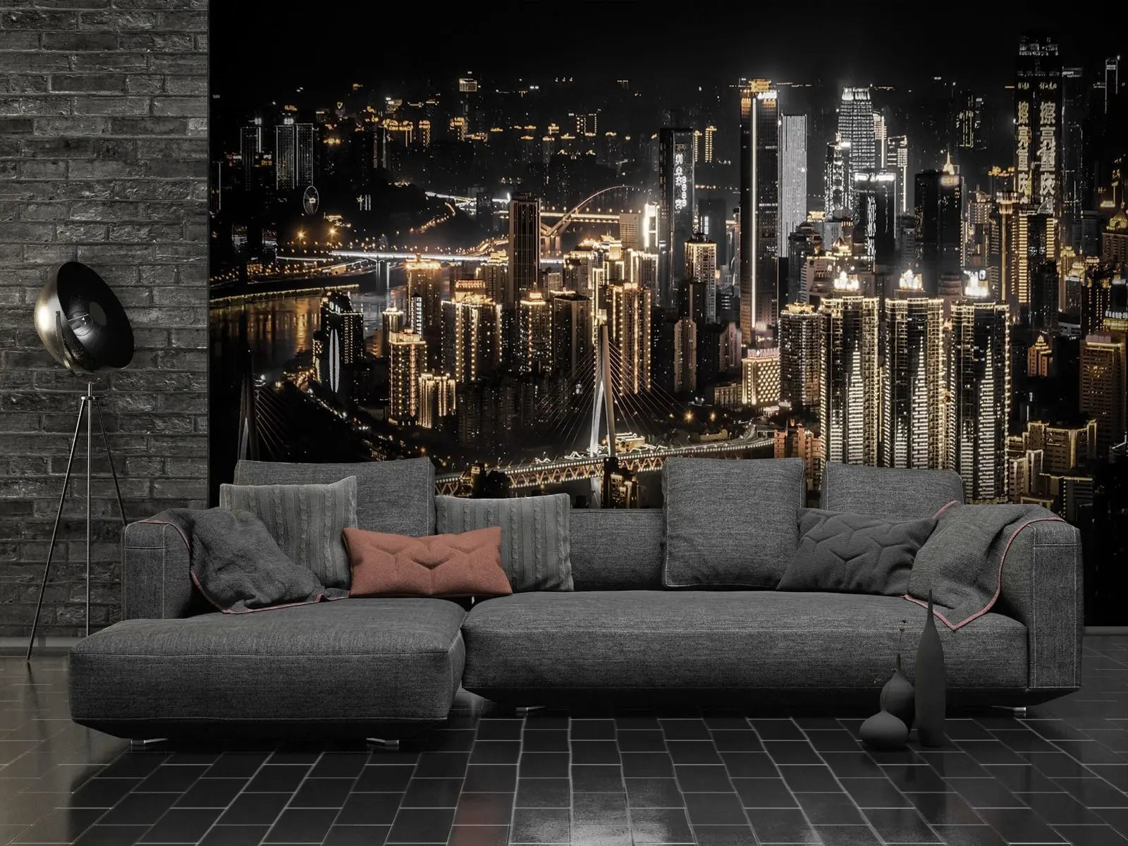 Billede 4 af Fototapet - Oplyst skyline i natten i storbyen