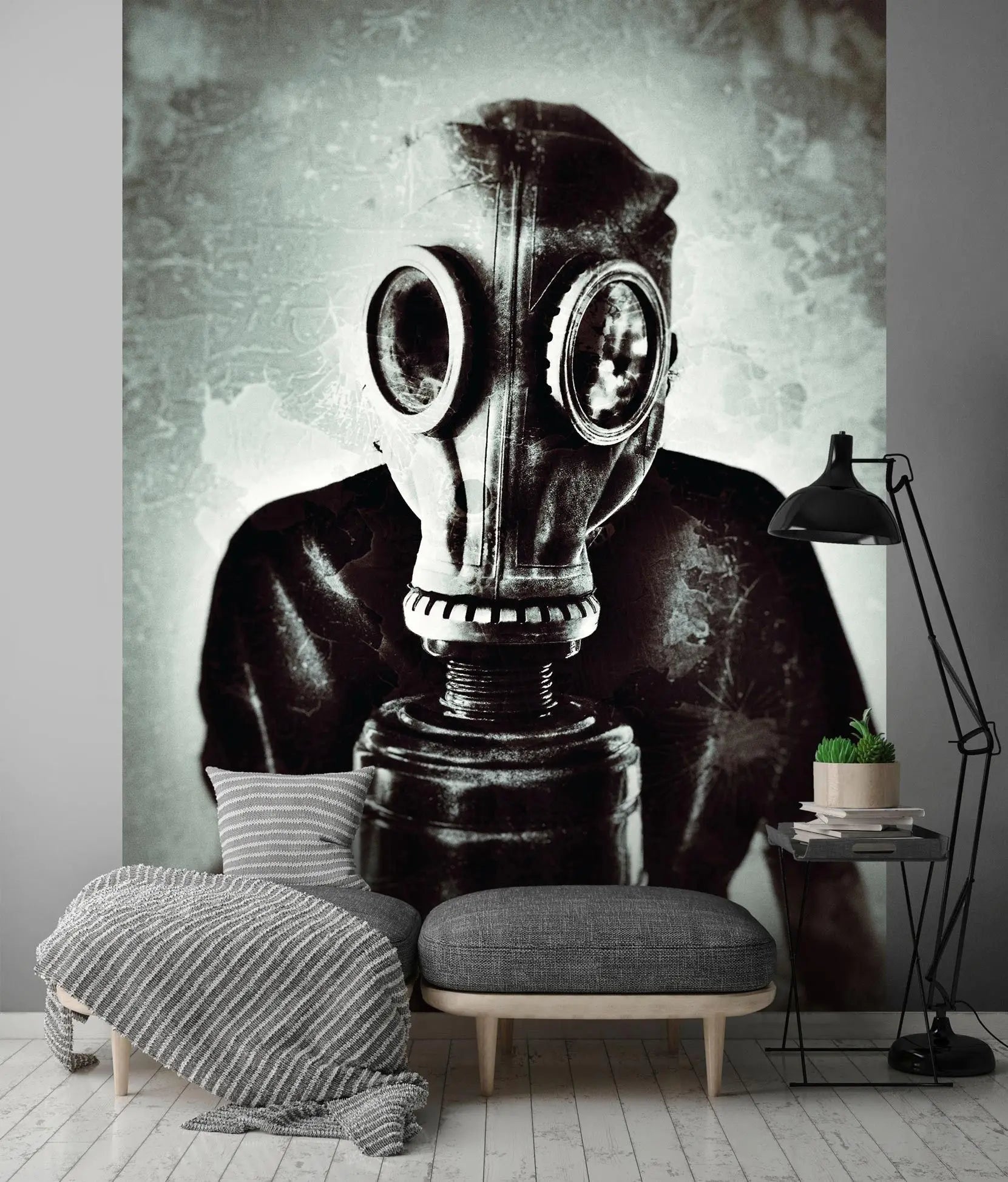 Billede 1 af Fototapet - Person i gasmaske mod slidt baggrund