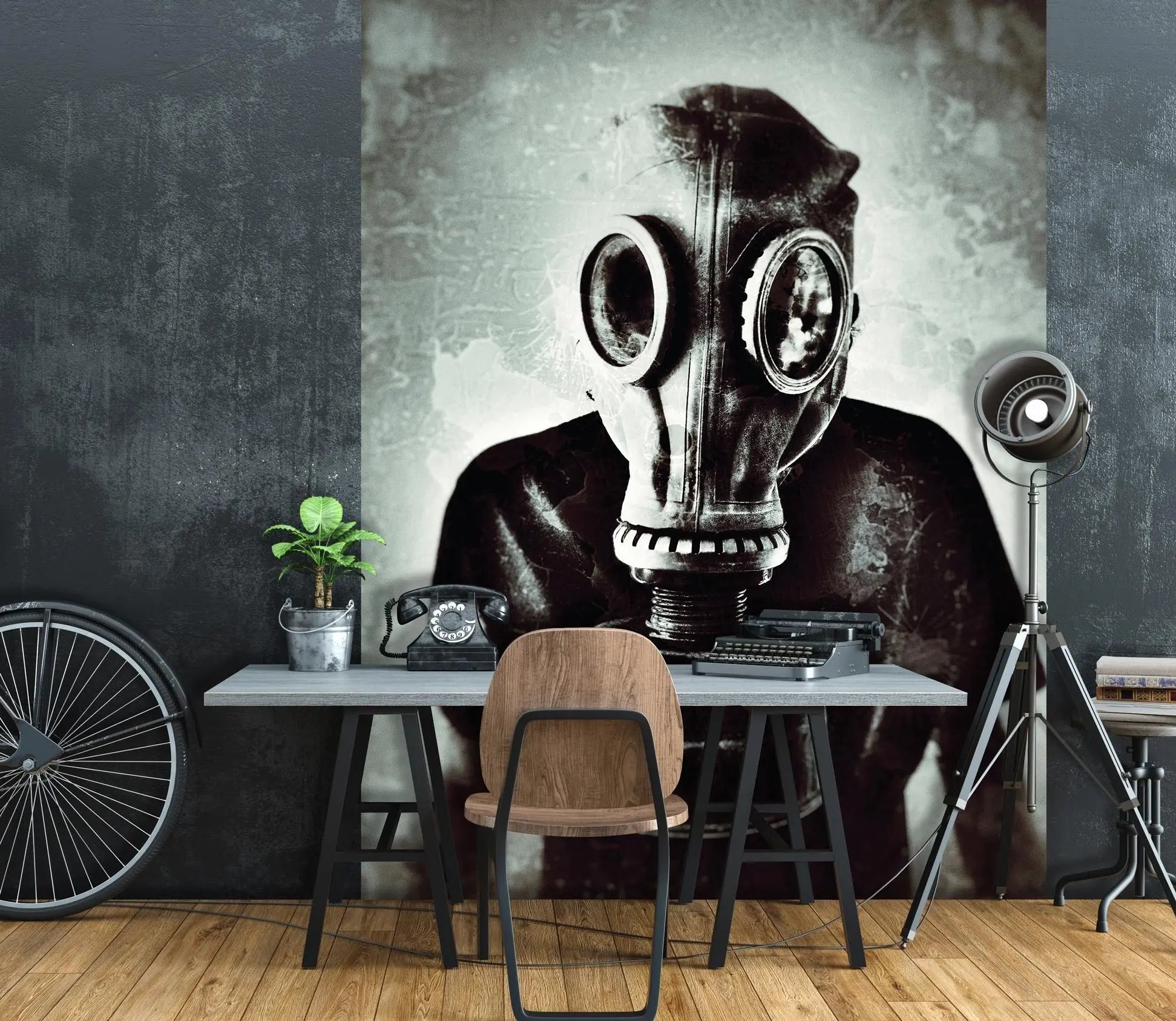 Billede 3 af Fototapet - Person i gasmaske mod slidt baggrund