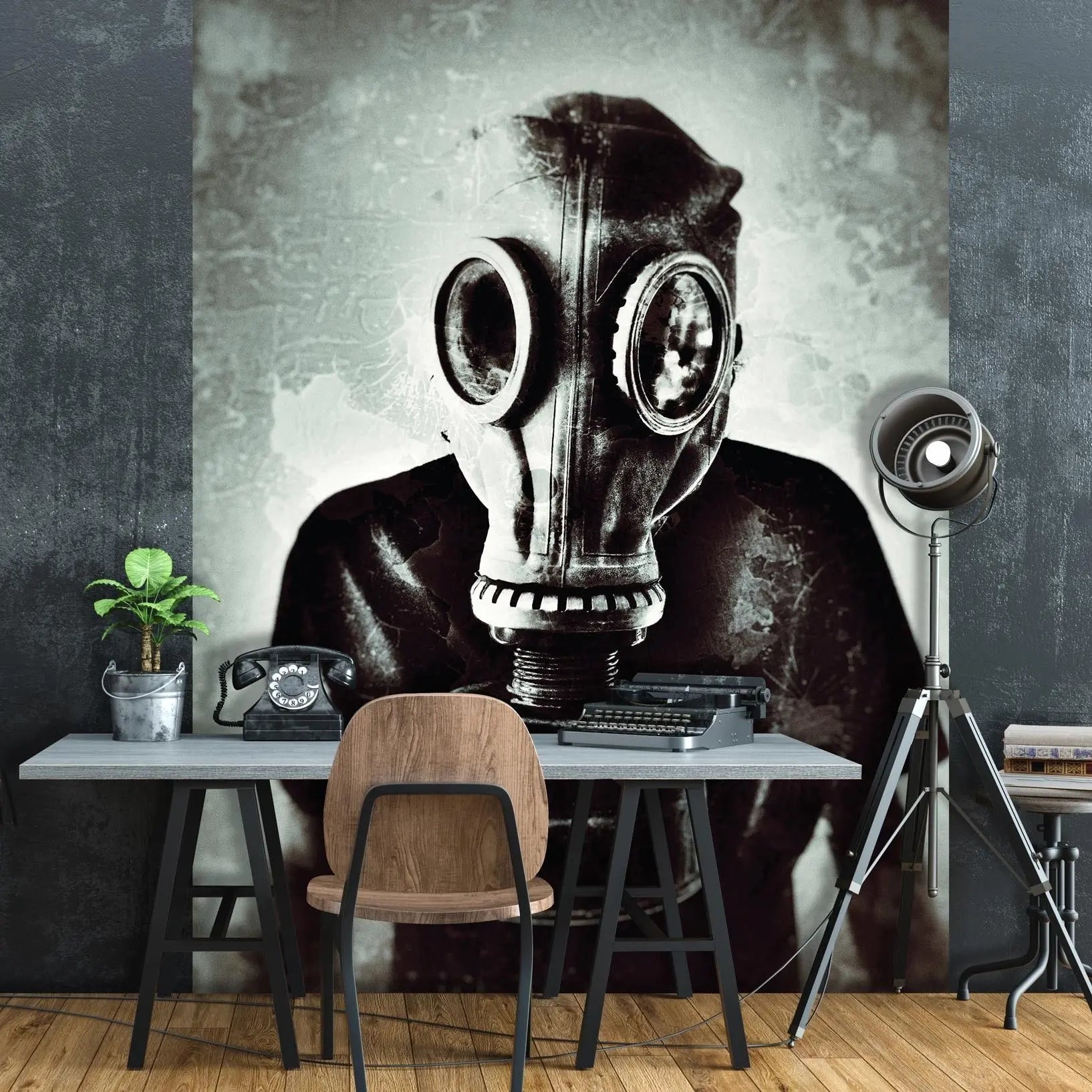 Billede 4 af Fototapet - Person i gasmaske mod slidt baggrund