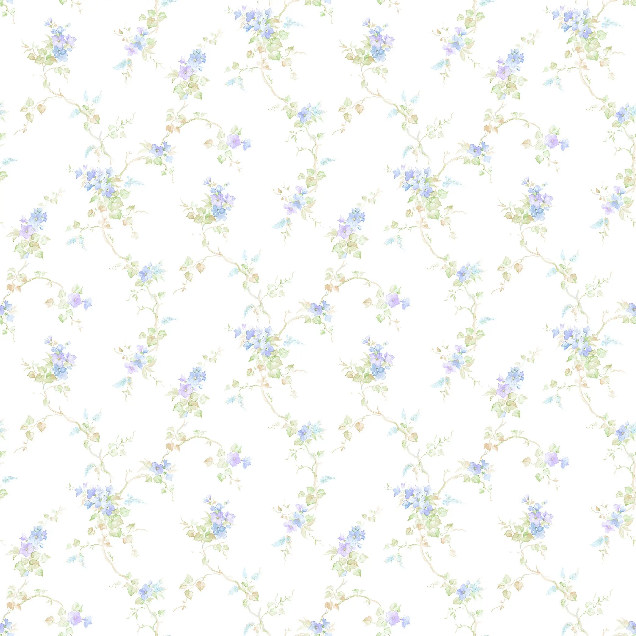 Tapetdesign 'Petal Poetry - Azure Bloom' med delikate blå blomster og grønne blade på en hvid baggrund. Mønsteret er småblomstret og elegant.