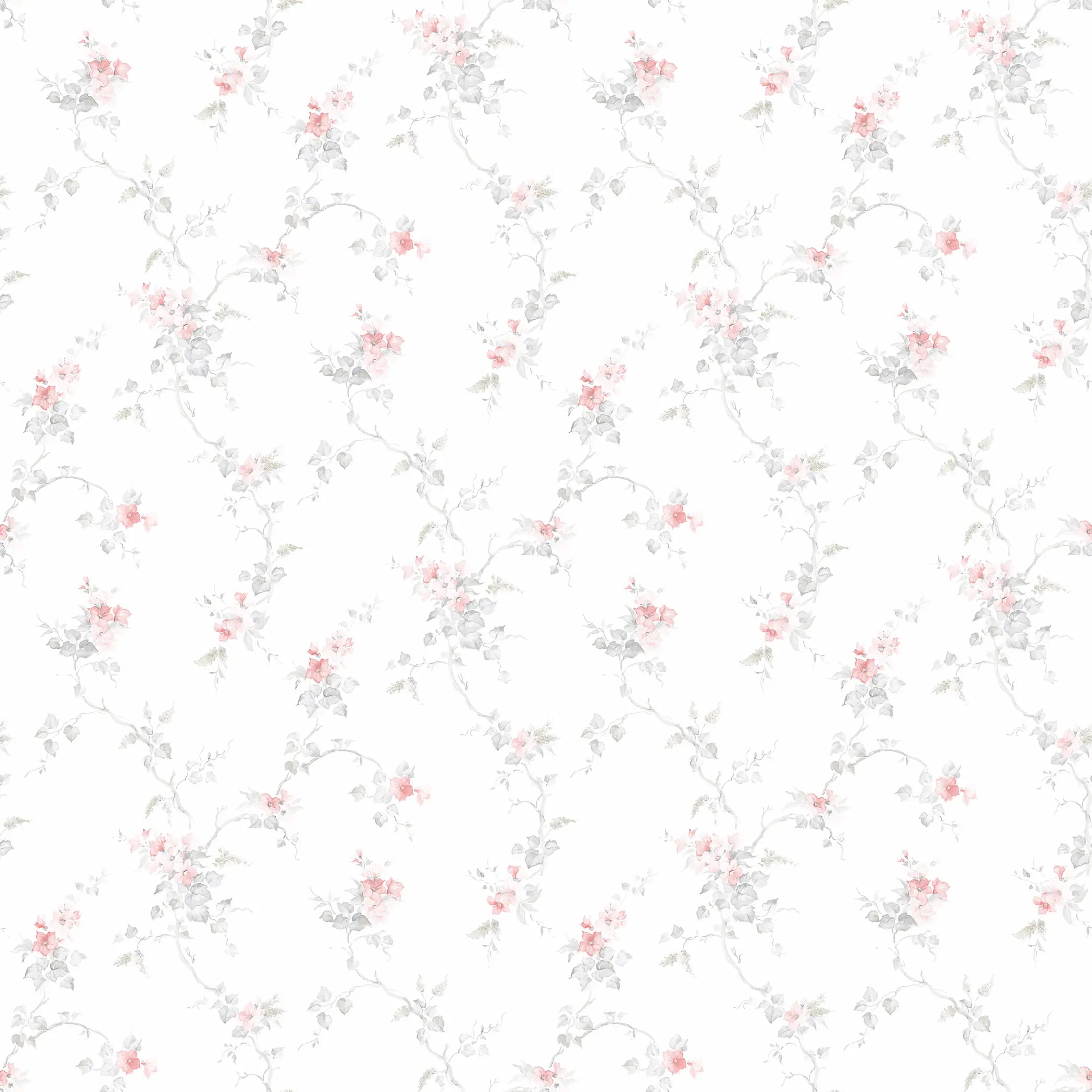 Petal Poetry - Blush Blossom tapet med et mønster af delikate lyserøde blomster og grå blade på en lys baggrund.