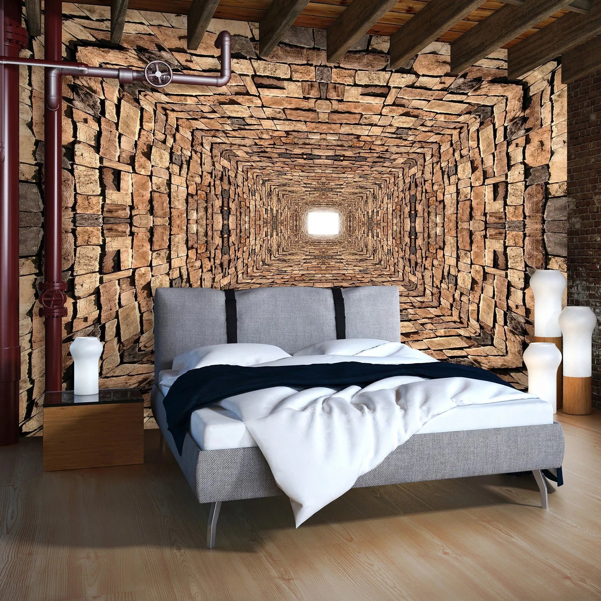 Billede 4 af Fototapet - Rå murstensgang med lys i midten