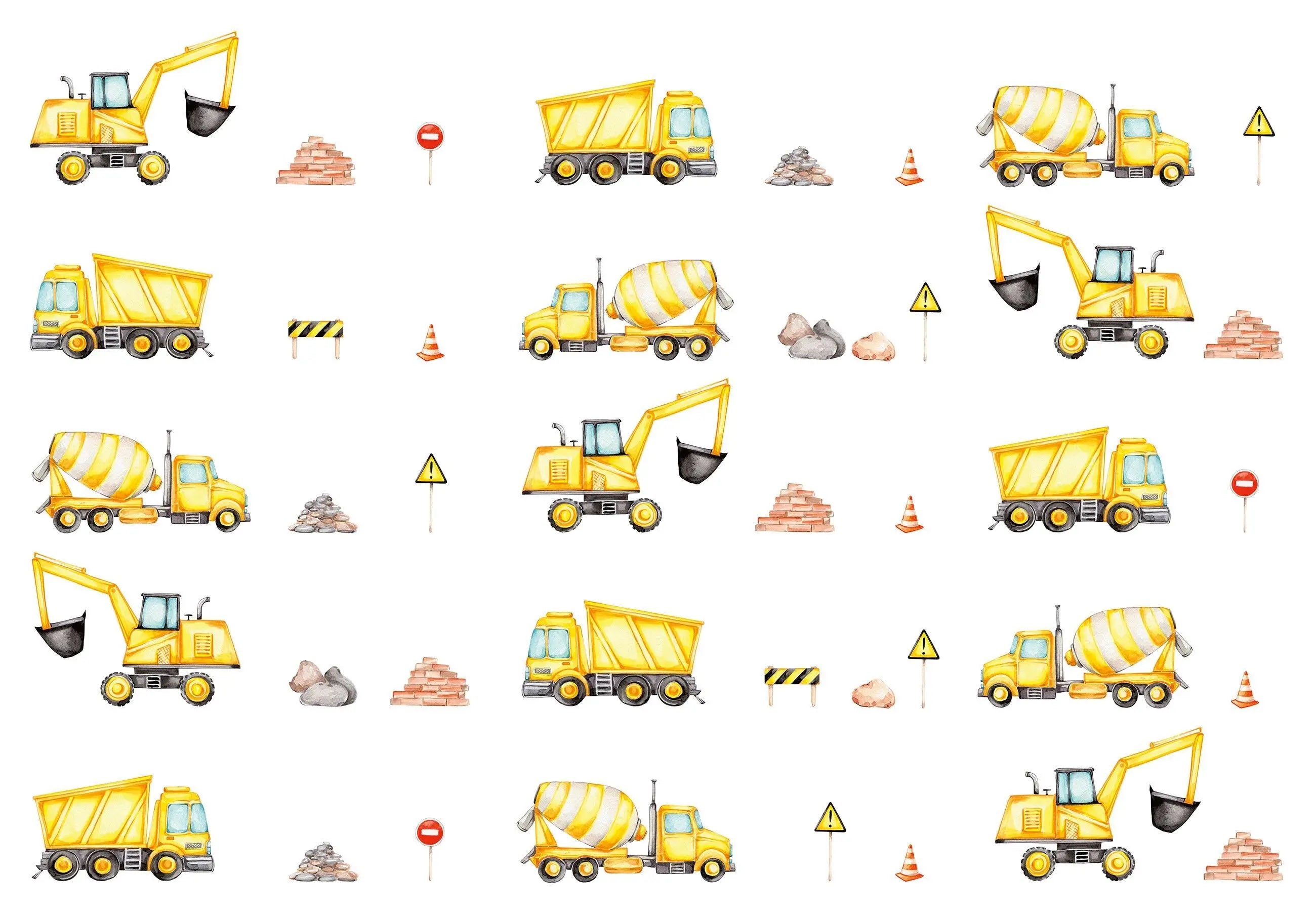 Billede 1 af Fototapet - Række af gule entreprenørmaskiner med byggematerialer