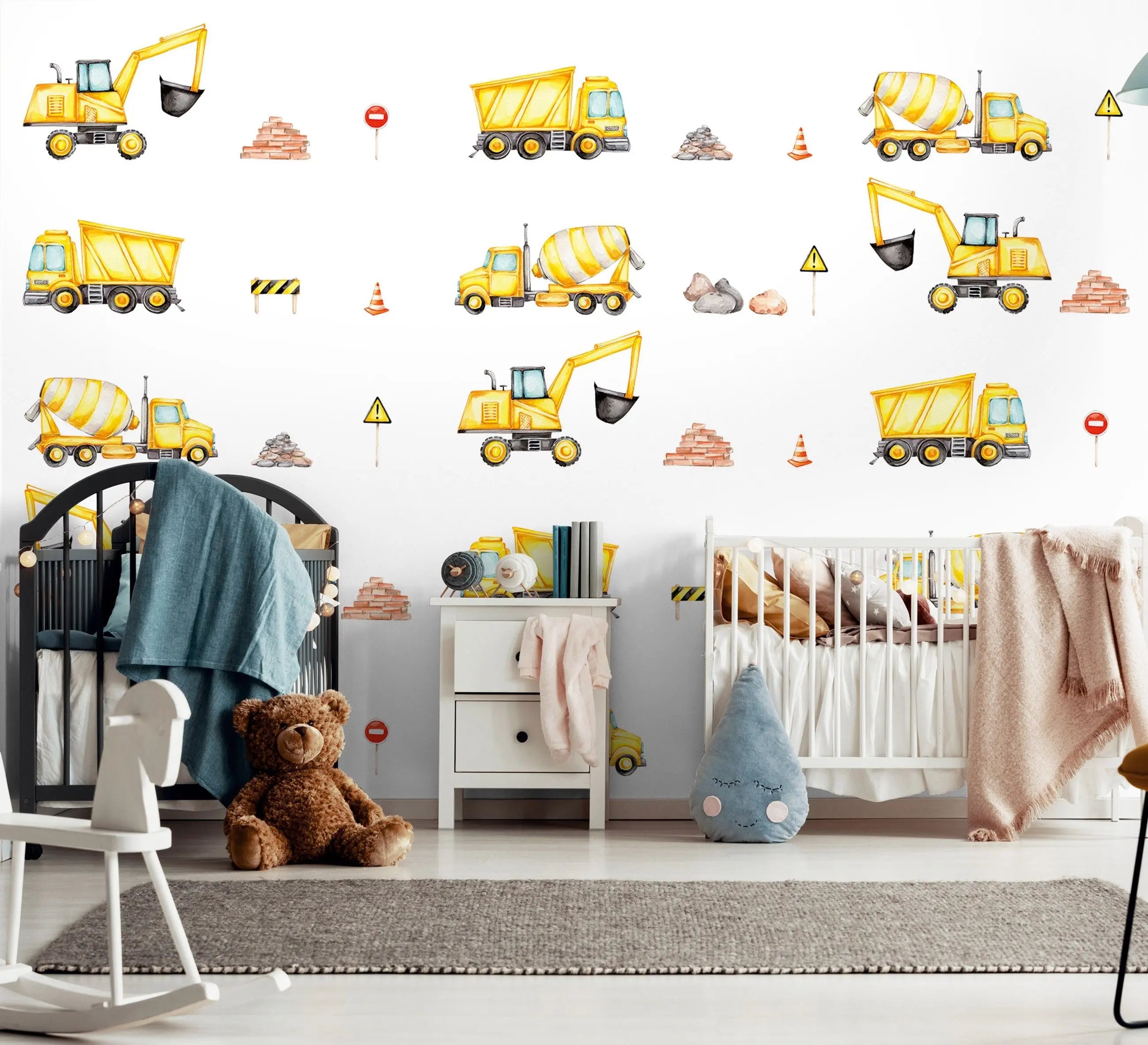 Billede 3 af Fototapet - Række af gule entreprenørmaskiner med byggematerialer