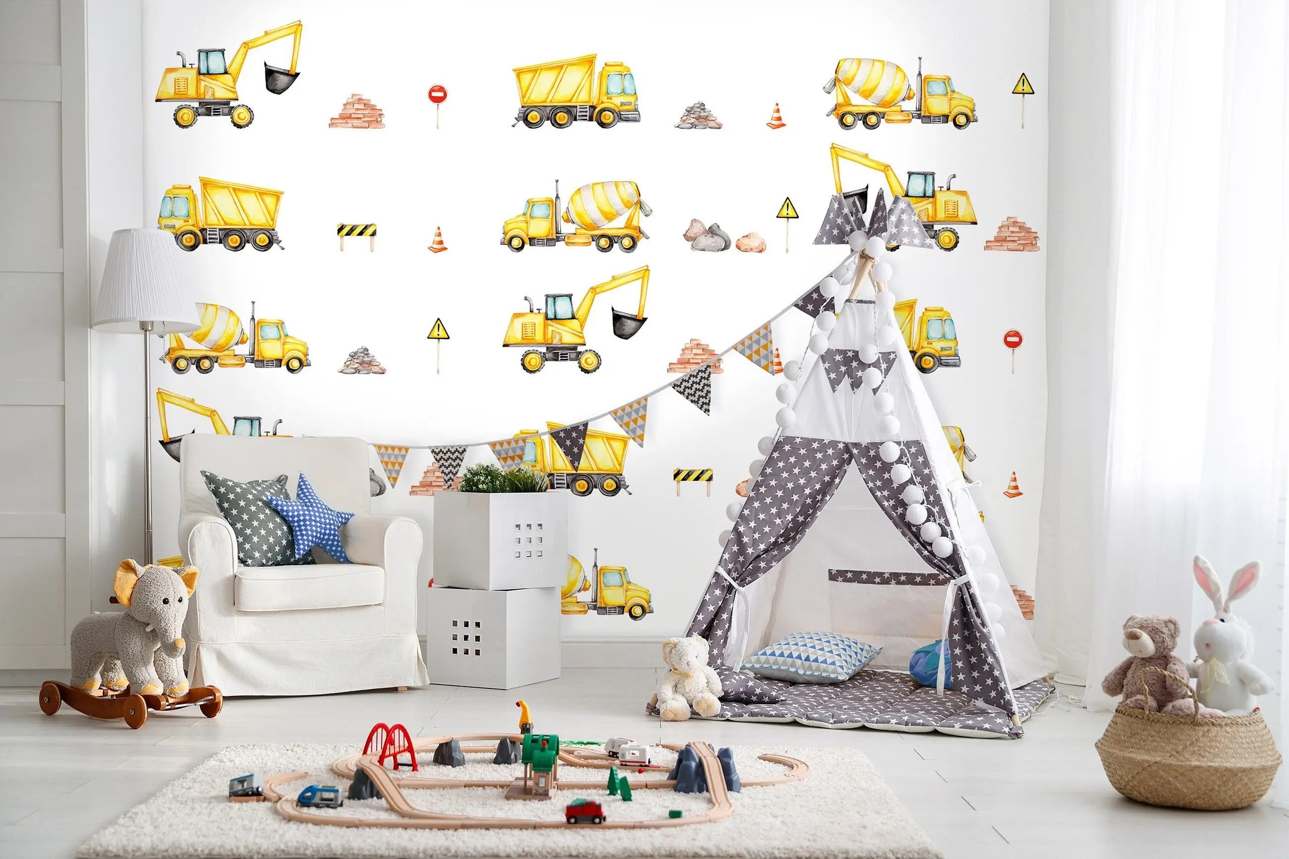 Billede 4 af Fototapet - Række af gule entreprenørmaskiner med byggematerialer