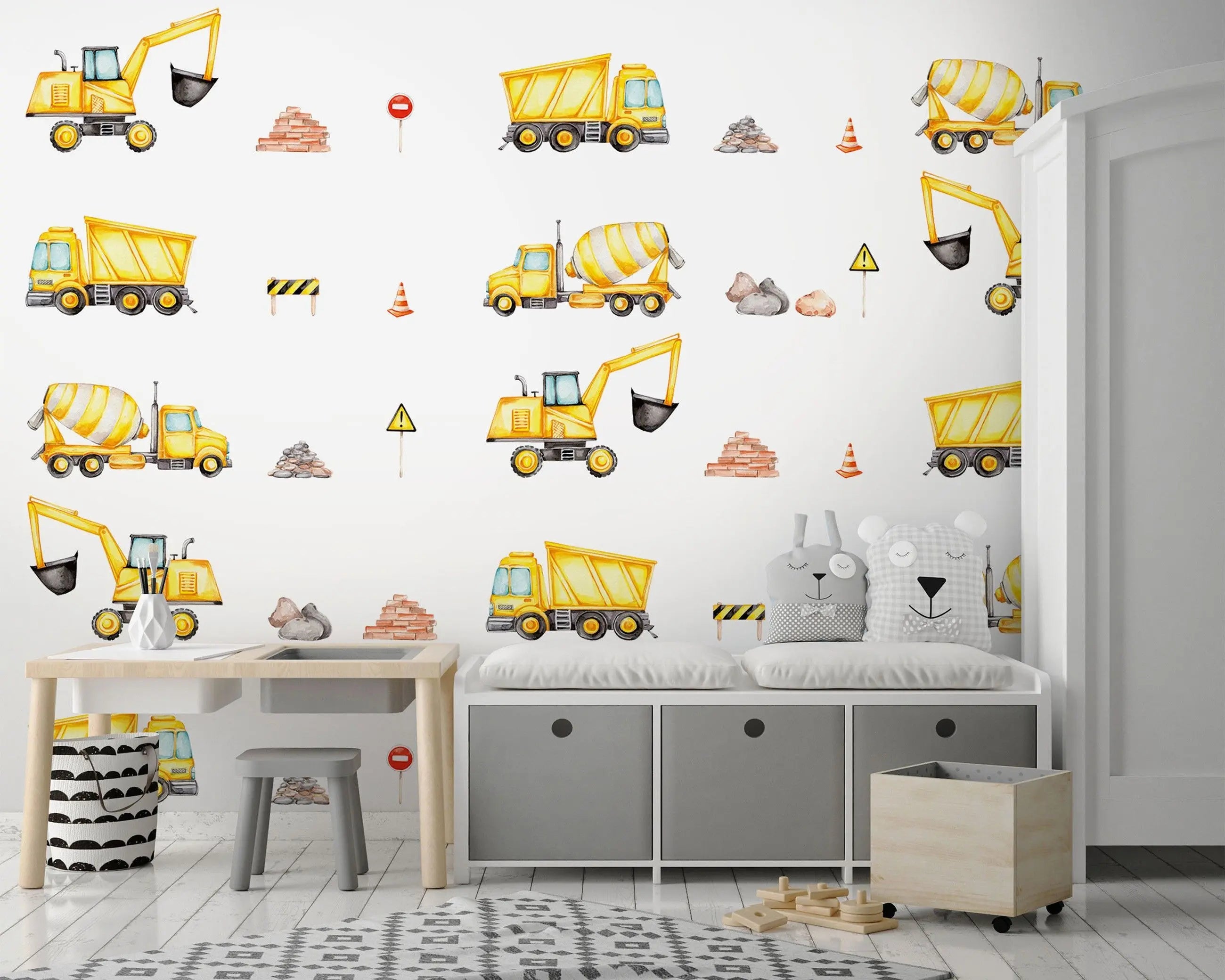 Billede 5 af Fototapet - Række af gule entreprenørmaskiner med byggematerialer