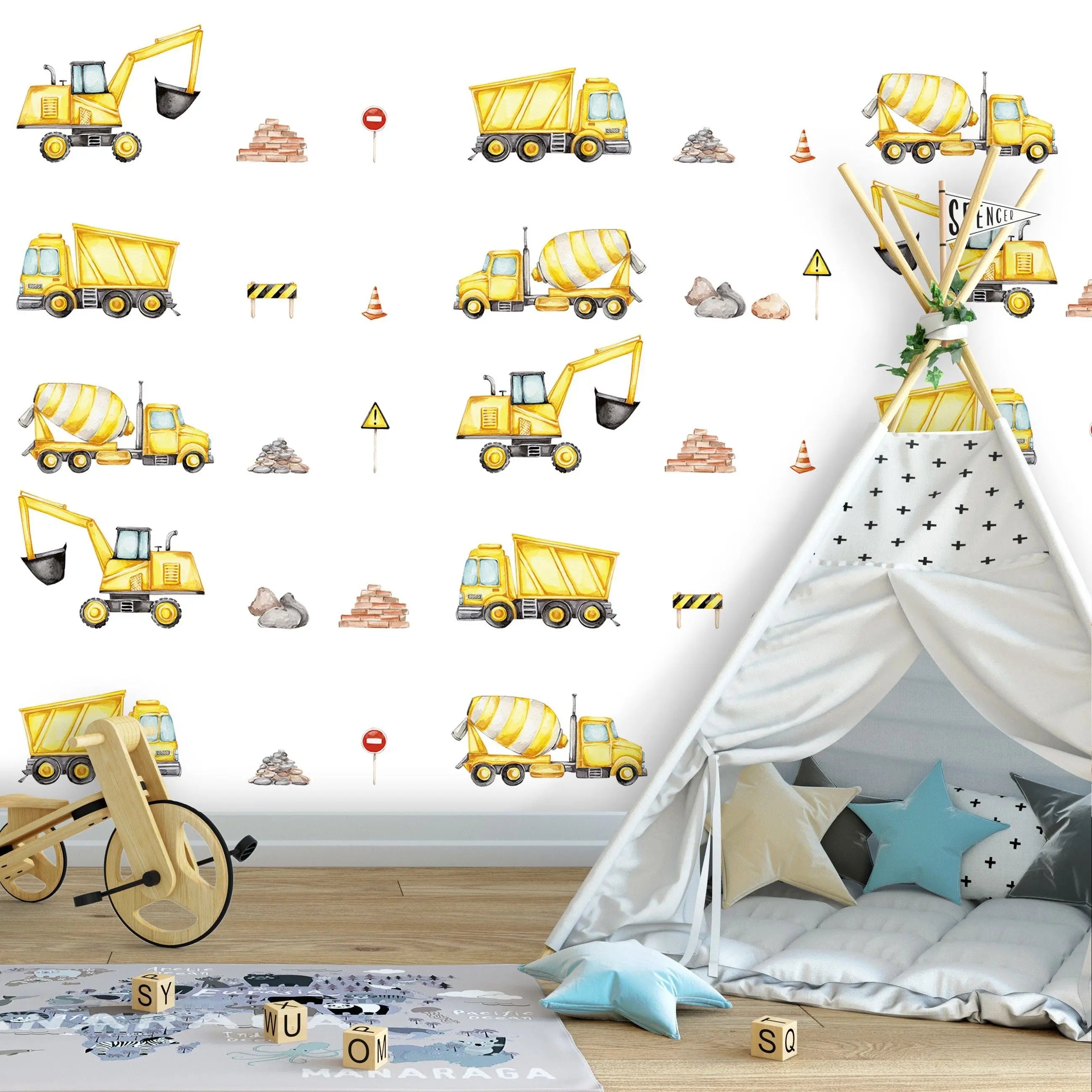 Billede 6 af Fototapet - Række af gule entreprenørmaskiner med byggematerialer