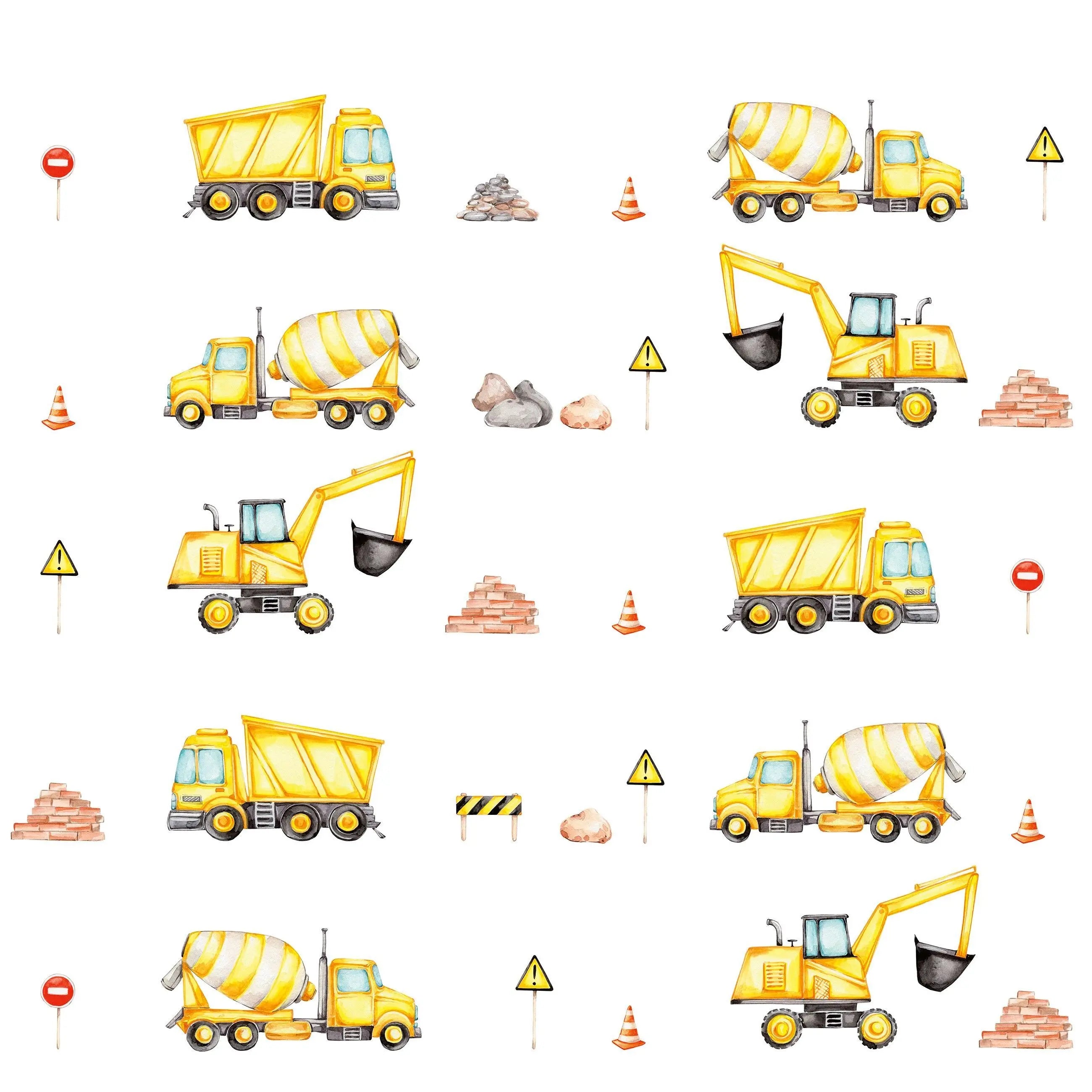 Billede 7 af Fototapet - Række af gule entreprenørmaskiner med byggematerialer