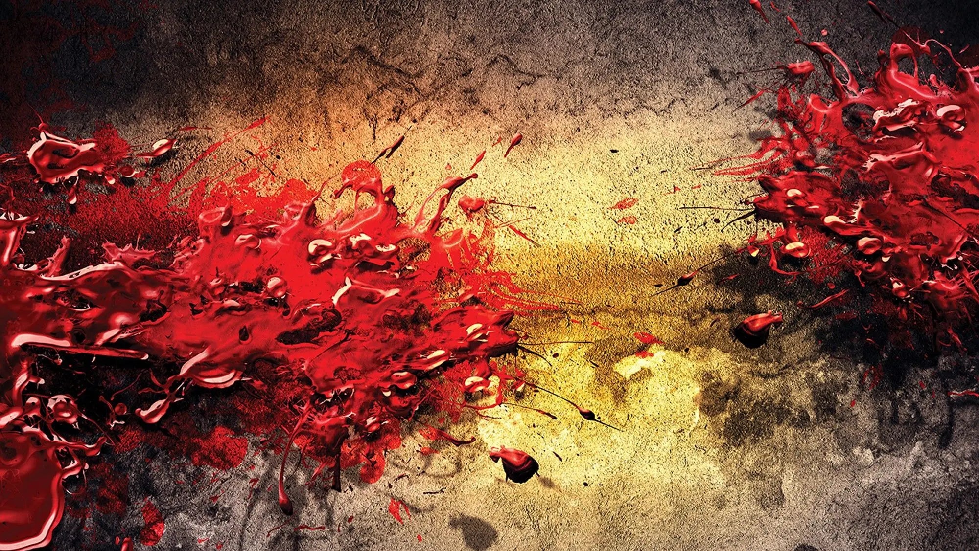 Billede 1 af Fototapet - Rød malingssprøjt på tekstureret baggrund med gul og sort