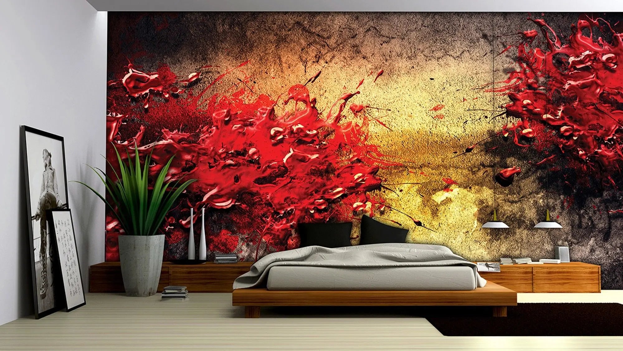 Billede 2 af Fototapet - Rød malingssprøjt på tekstureret baggrund med gul og sort