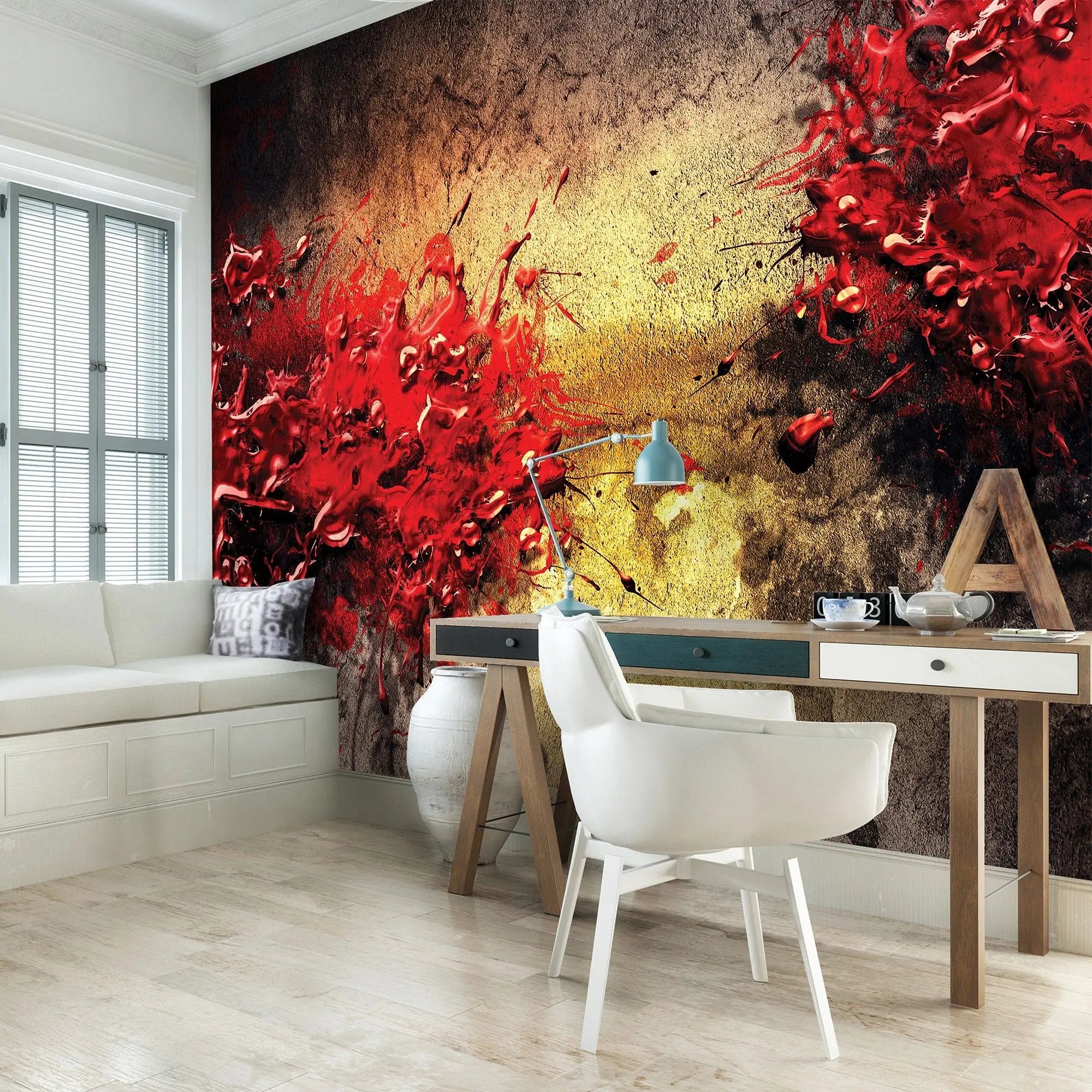 Billede 4 af Fototapet - Rød malingssprøjt på tekstureret baggrund med gul og sort