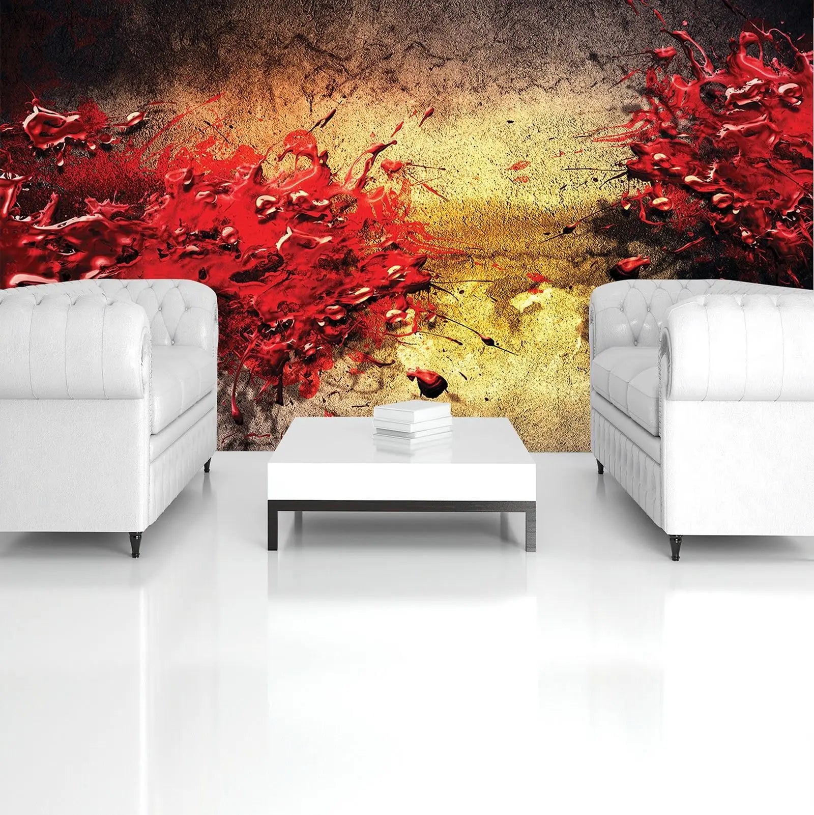 Billede 6 af Fototapet - Rød malingssprøjt på tekstureret baggrund med gul og sort