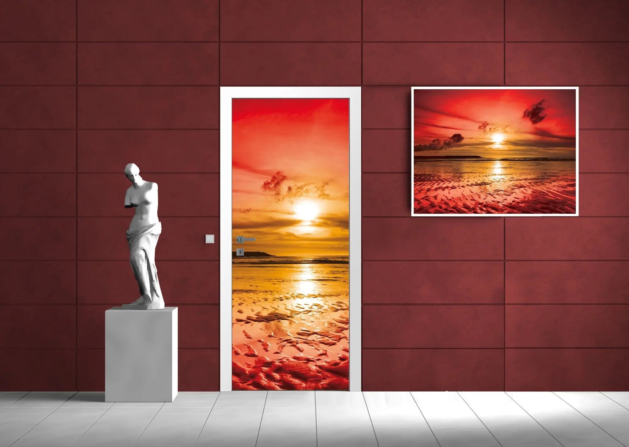Billede 6 af Fototapet - Rød solnedgang over strand med vandpytter