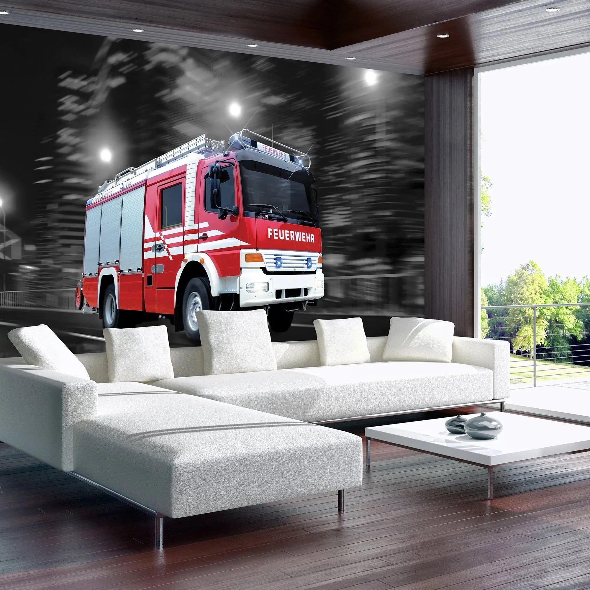 Billede 4 af Fototapet - Rød tysk brandbil i bevægelse om natten