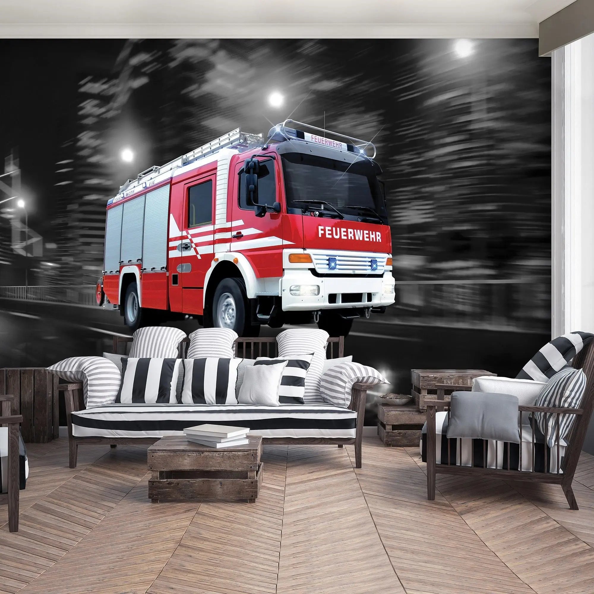 Billede 5 af Fototapet - Rød tysk brandbil i bevægelse om natten