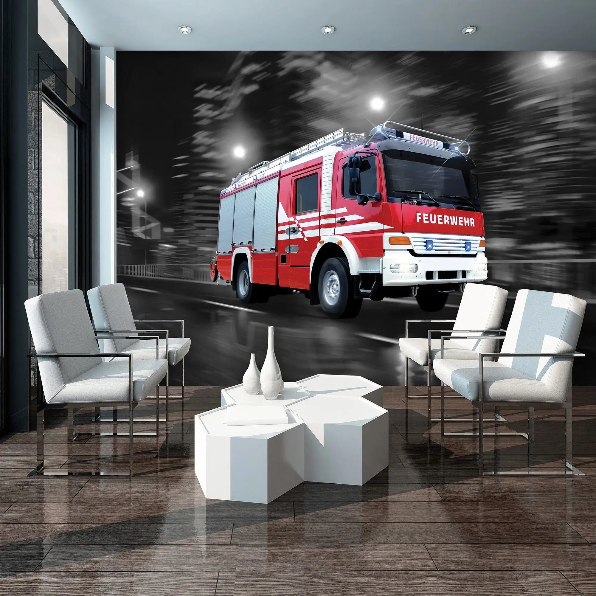 Billede 9 af Fototapet - Rød tysk brandbil i bevægelse om natten