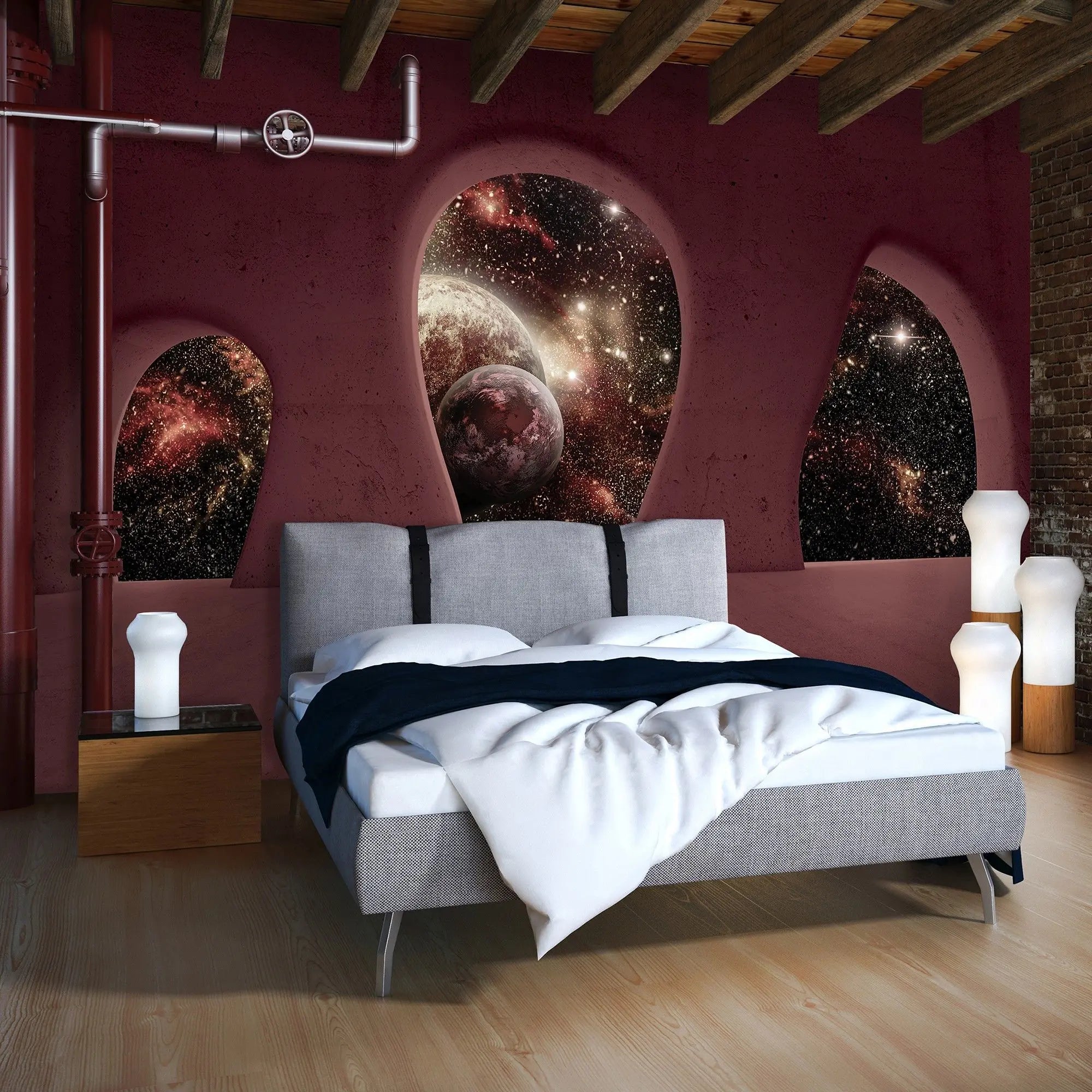 Billede 4 af Fototapet - Rødt rum med bueformede vinduer og udsigt til galaksen
