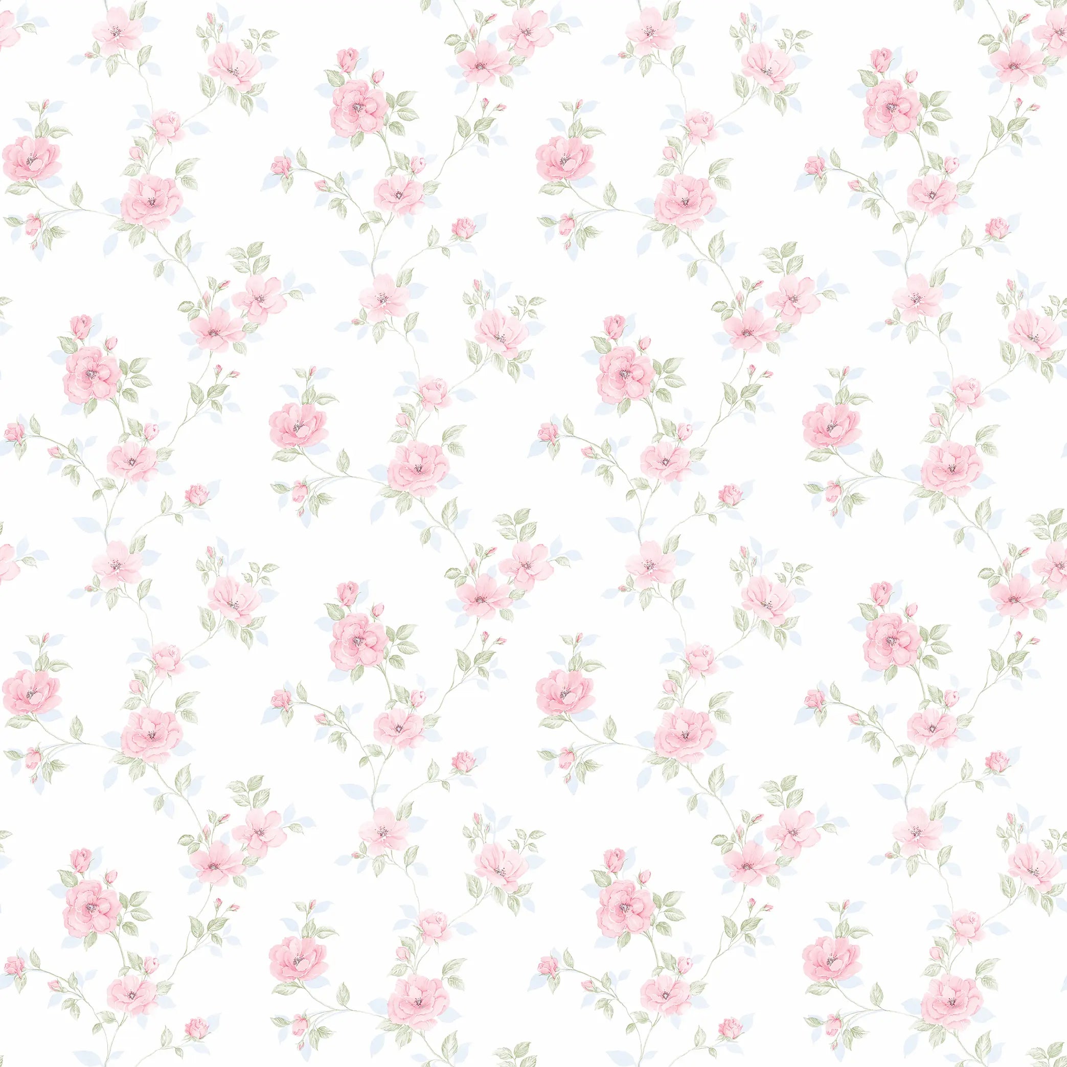 Tapetmønster i lys med delikate lyserøde blomster fra produktet Romantic Rhapsody - Blossom Pink, tilgængelig hos Nicetapet.dk.