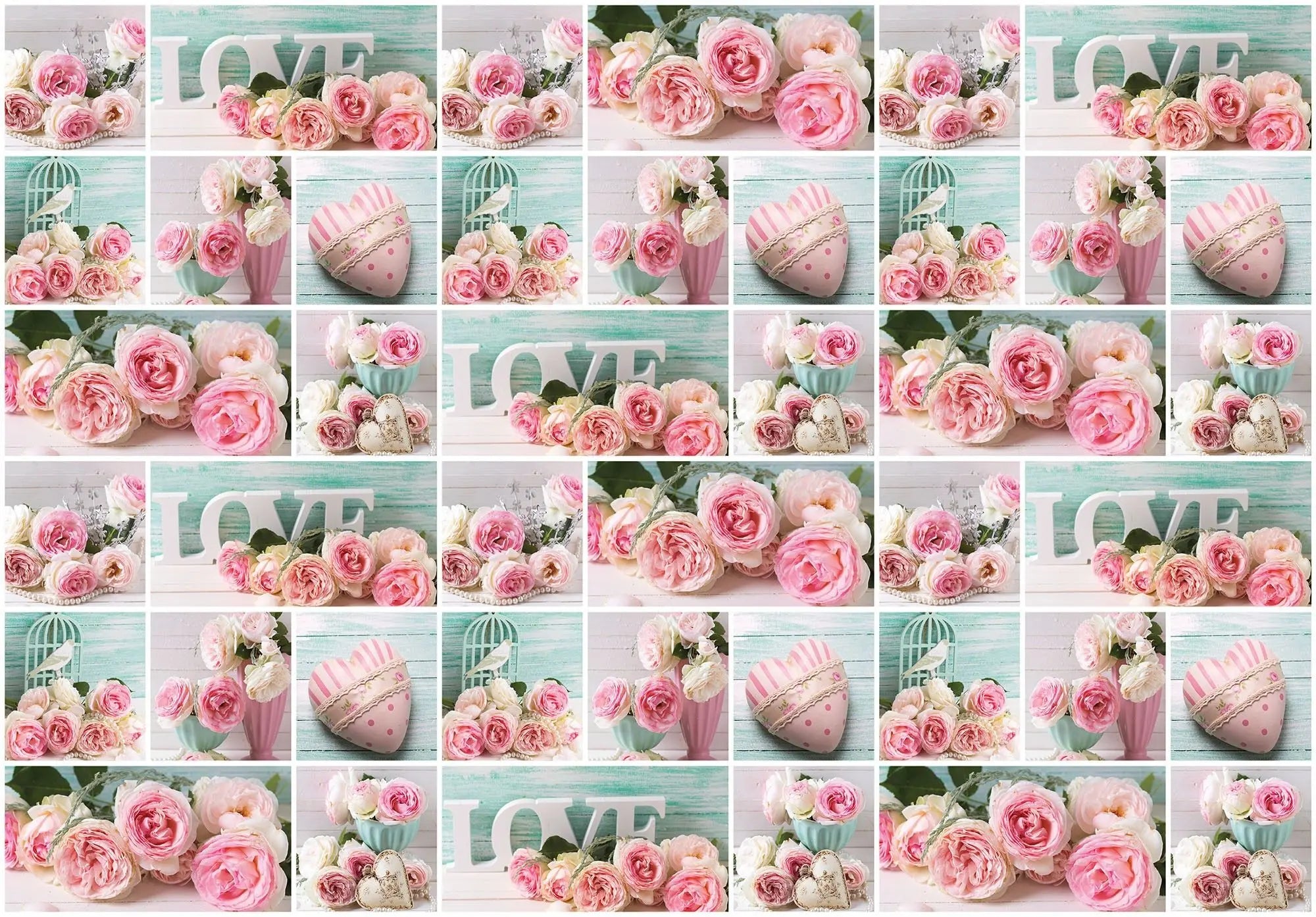 Billede 1 af Fototapet - Rosa og hvide roser med ordet LOVE og vintage detaljer