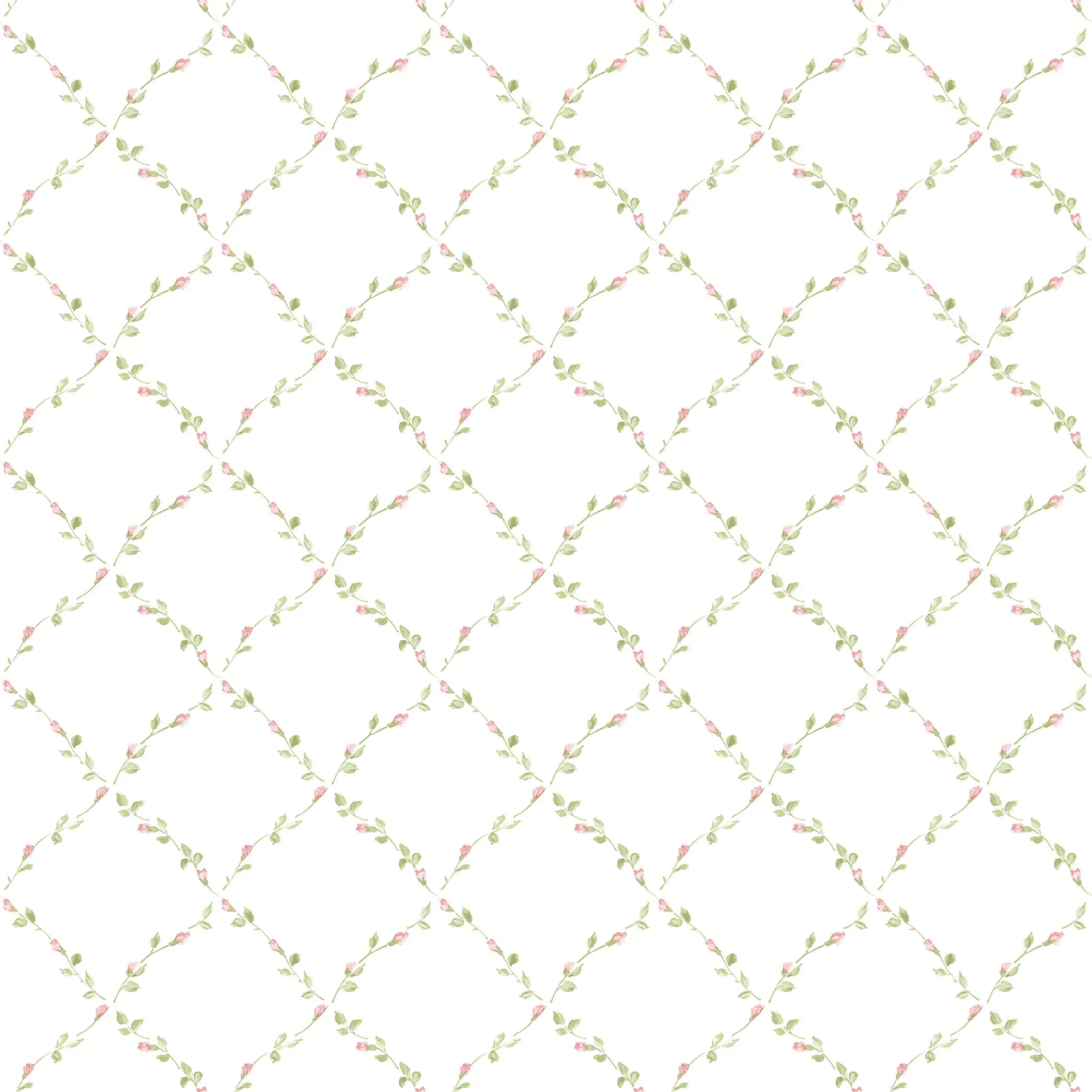 Tapetmønsteret Rosy Trellis - Delicate Blossom med fine, rosa blomster placeret i et gittermønster på en hvid baggrund.