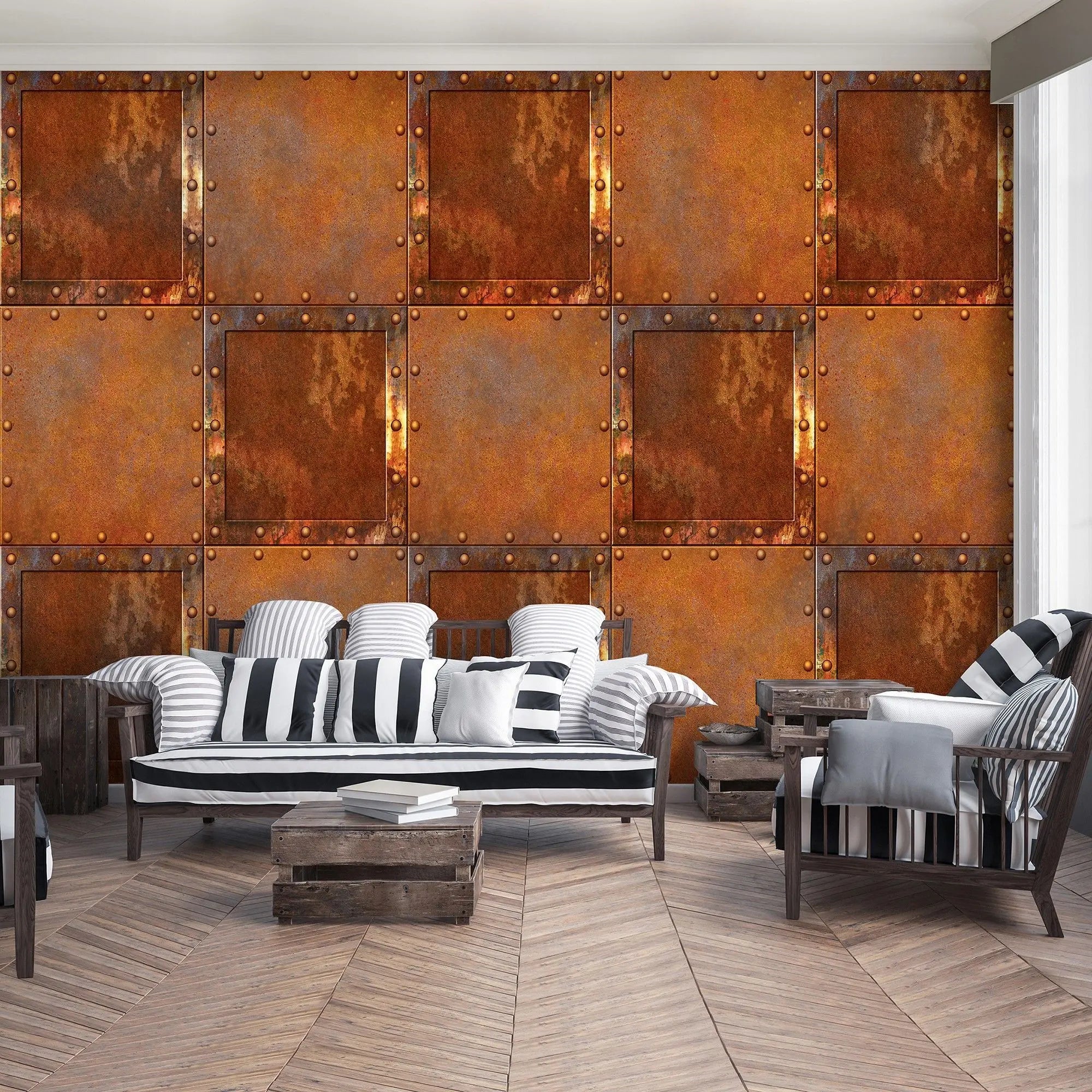 Billede 3 af Fototapet - Rustbrune metalplader med nitter