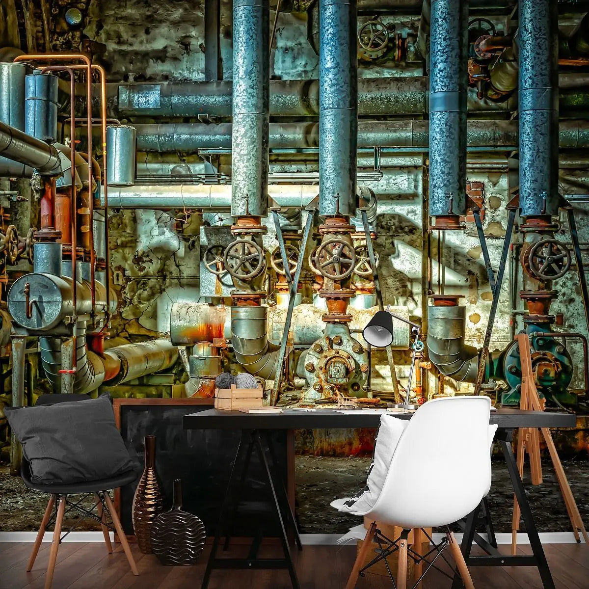 Billede 2 af Fototapet - Rustne industrielle rør og ventiler i gammelt maskinrum