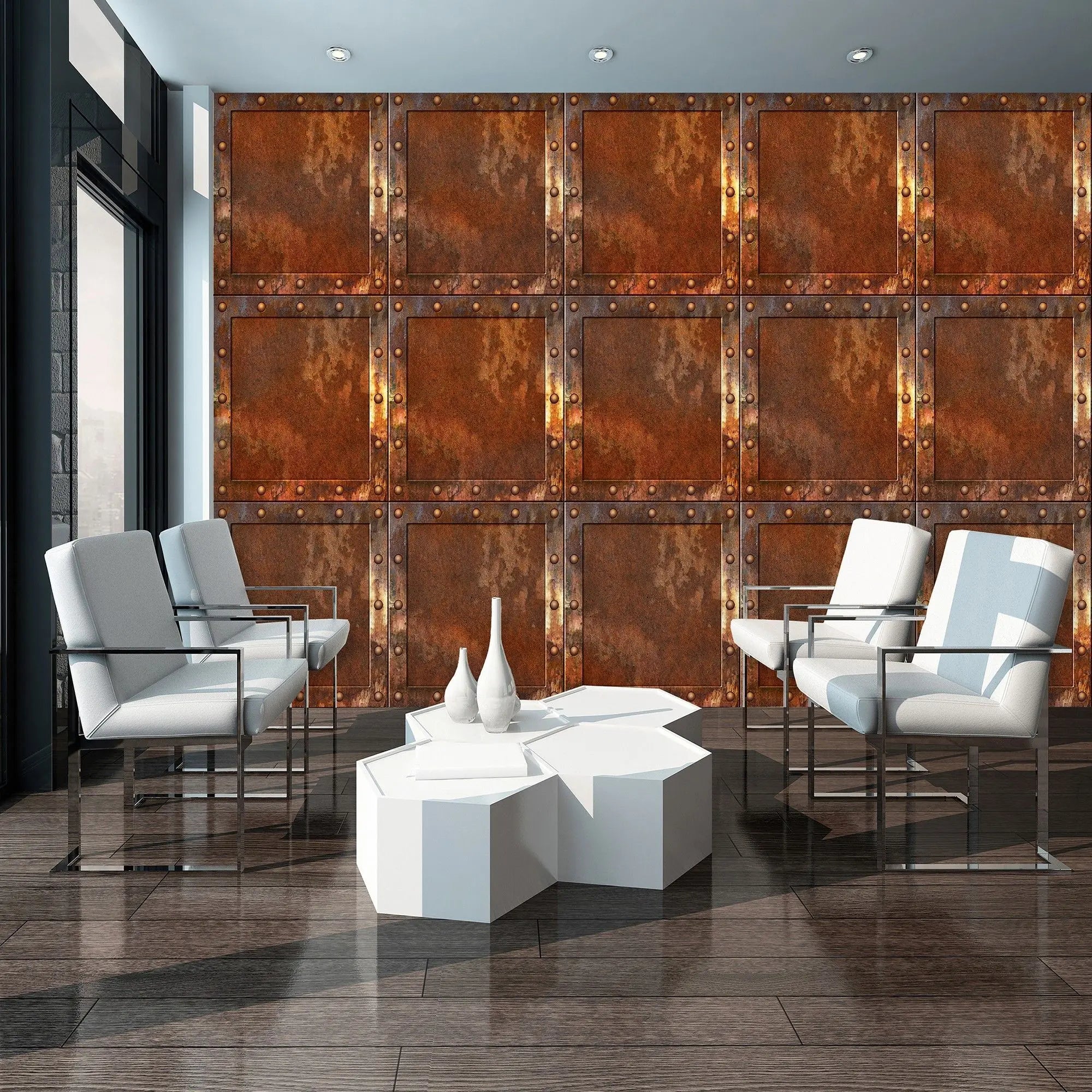 Billede 3 af Fototapet - Rustne metalkvadrater med nitter