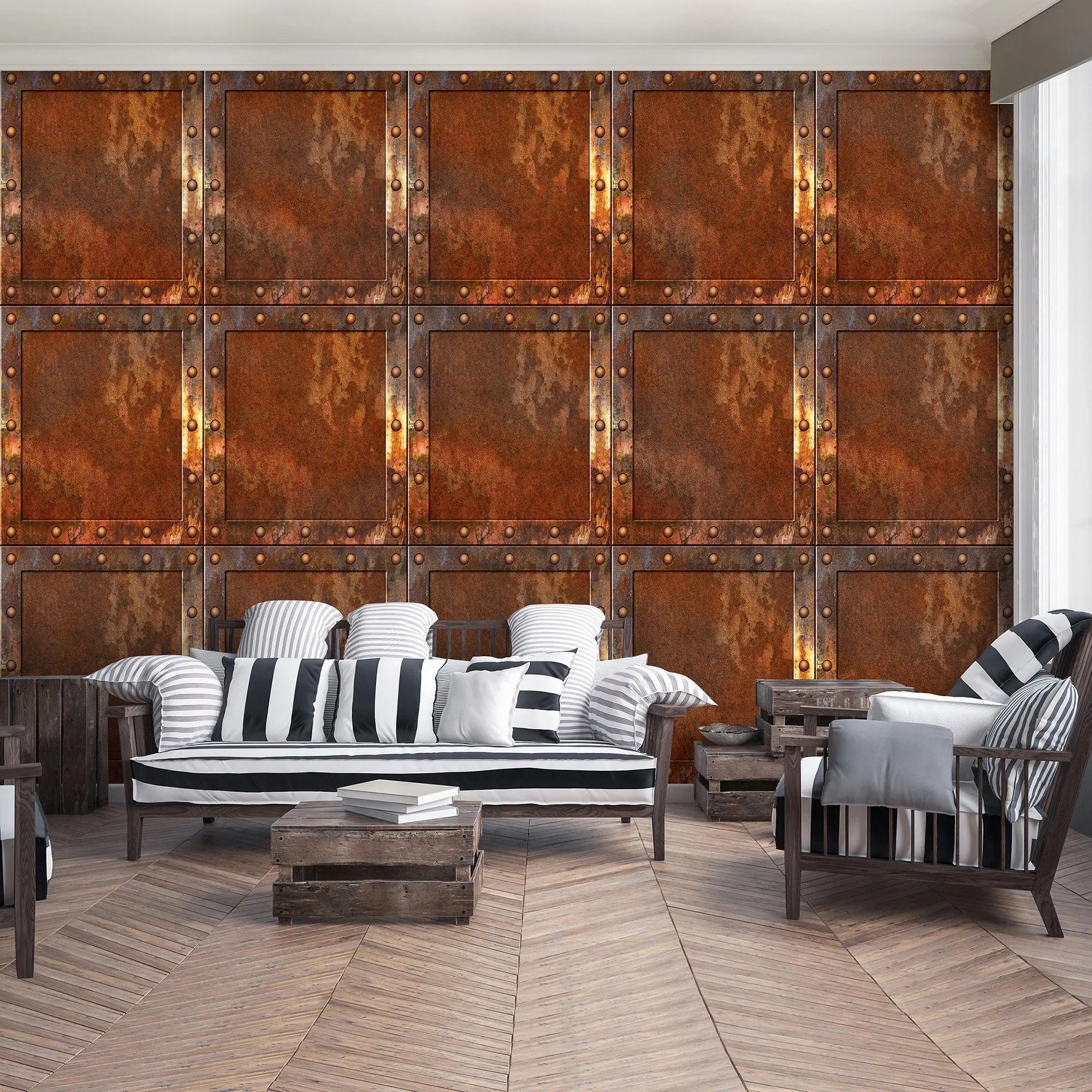 Billede 4 af Fototapet - Rustne metalkvadrater med nitter